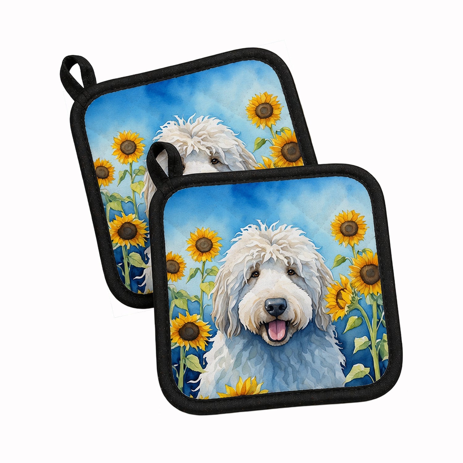 Komondor in Sunflowers Pot Holder Set of 2 Heat Resistant Quilted Hot Pads 7.5 x 7.5 Inch, Insulated Kitchen Trivets for Cooking & Baking