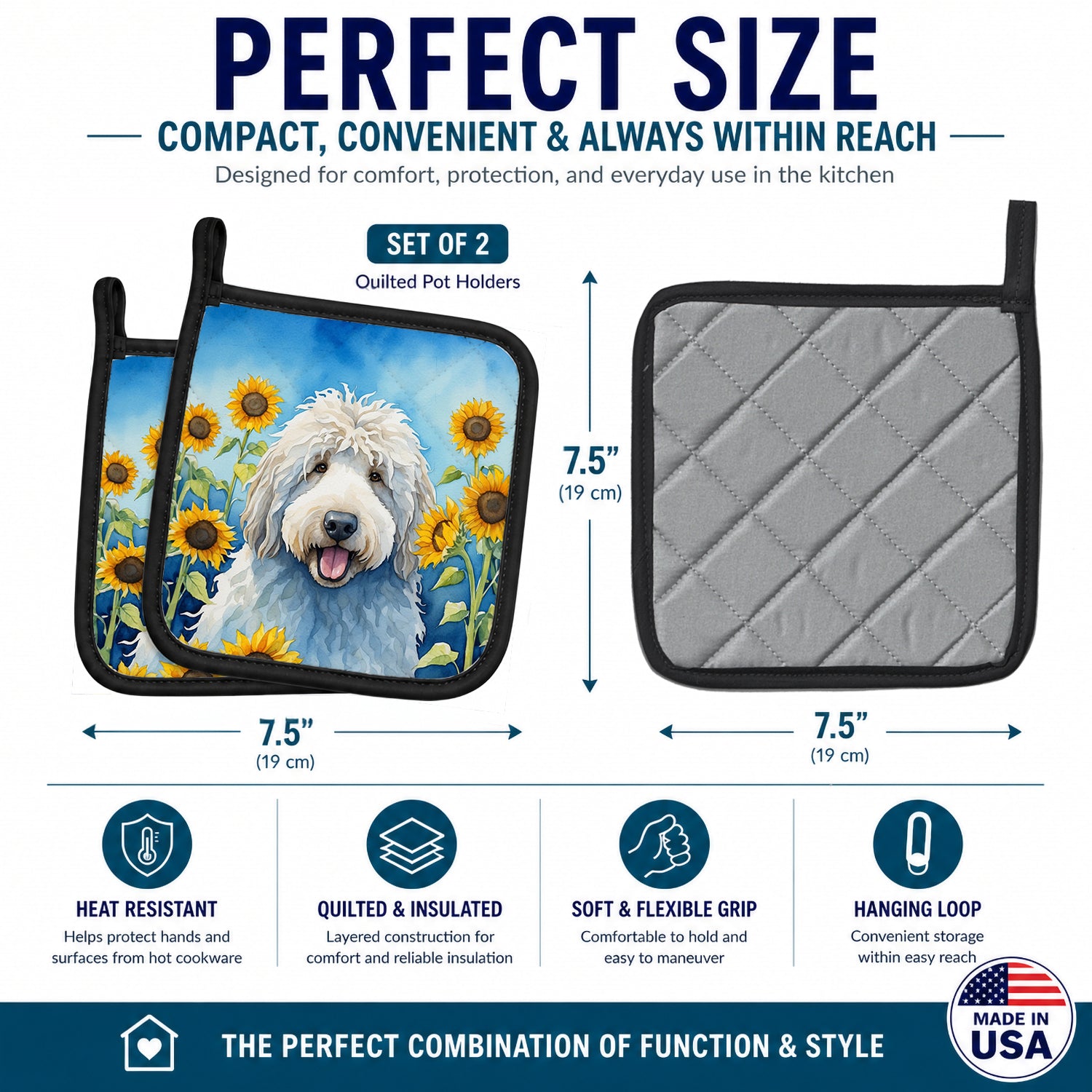 Komondor in Sunflowers Pot Holder Set of 2 Heat Resistant Quilted Hot Pads 7.5 x 7.5 Inch, Insulated Kitchen Trivets for Cooking & Baking