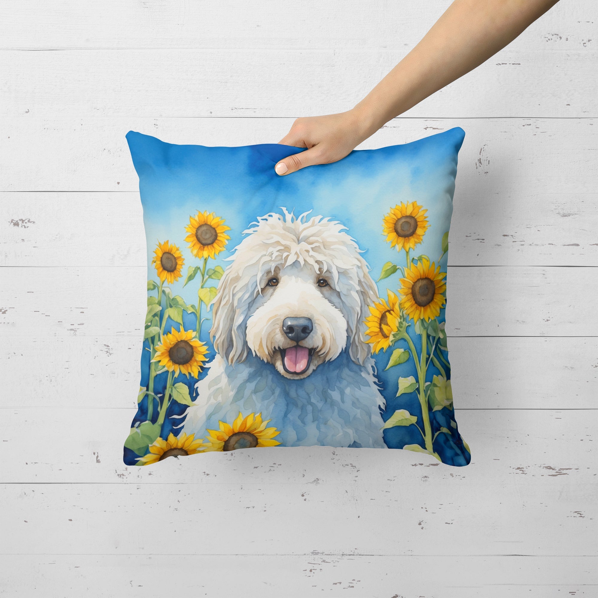 Komondor in Sunflowers Decorative Throw Pillow 18x18 Indoor Outdoor Accent Cushion, Fabric Cover with Insert for Sofa, Bed, Porch & Living Room