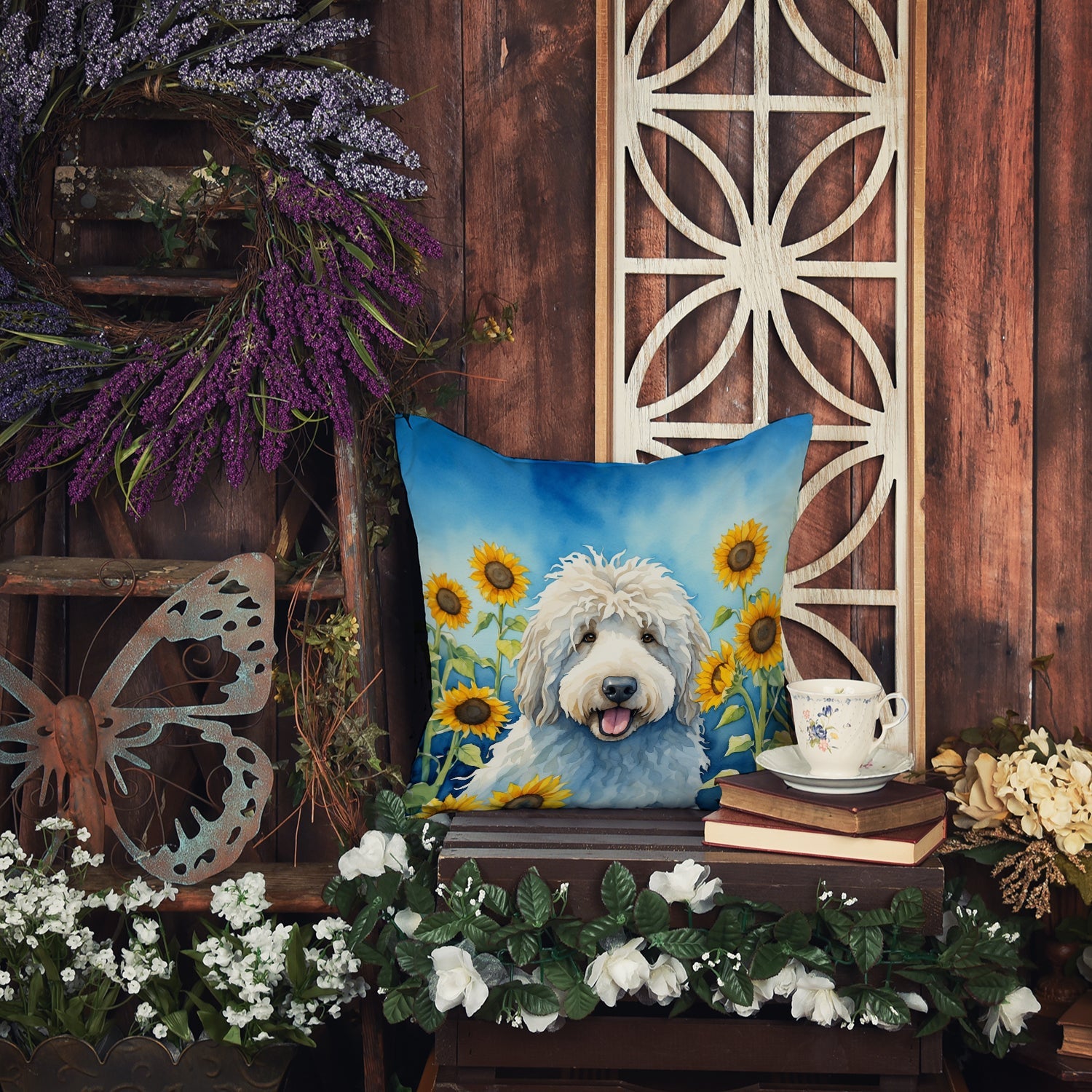 Komondor in Sunflowers Decorative Throw Pillow 18x18 Indoor Outdoor Accent Cushion, Fabric Cover with Insert for Sofa, Bed, Porch & Living Room
