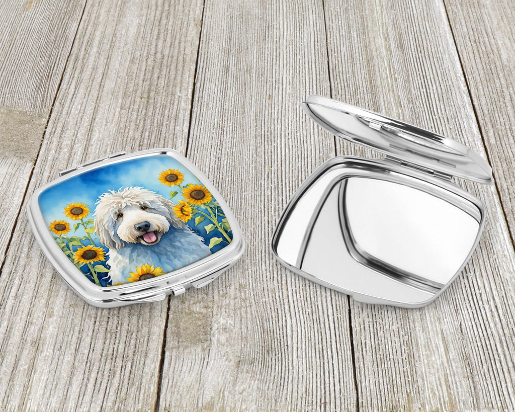 Komondor in Sunflowers Compact Mirror Decorative Travel Makeup Mirror for Women Girls Gifts Pocket Makeup Mirror Folding Handheld