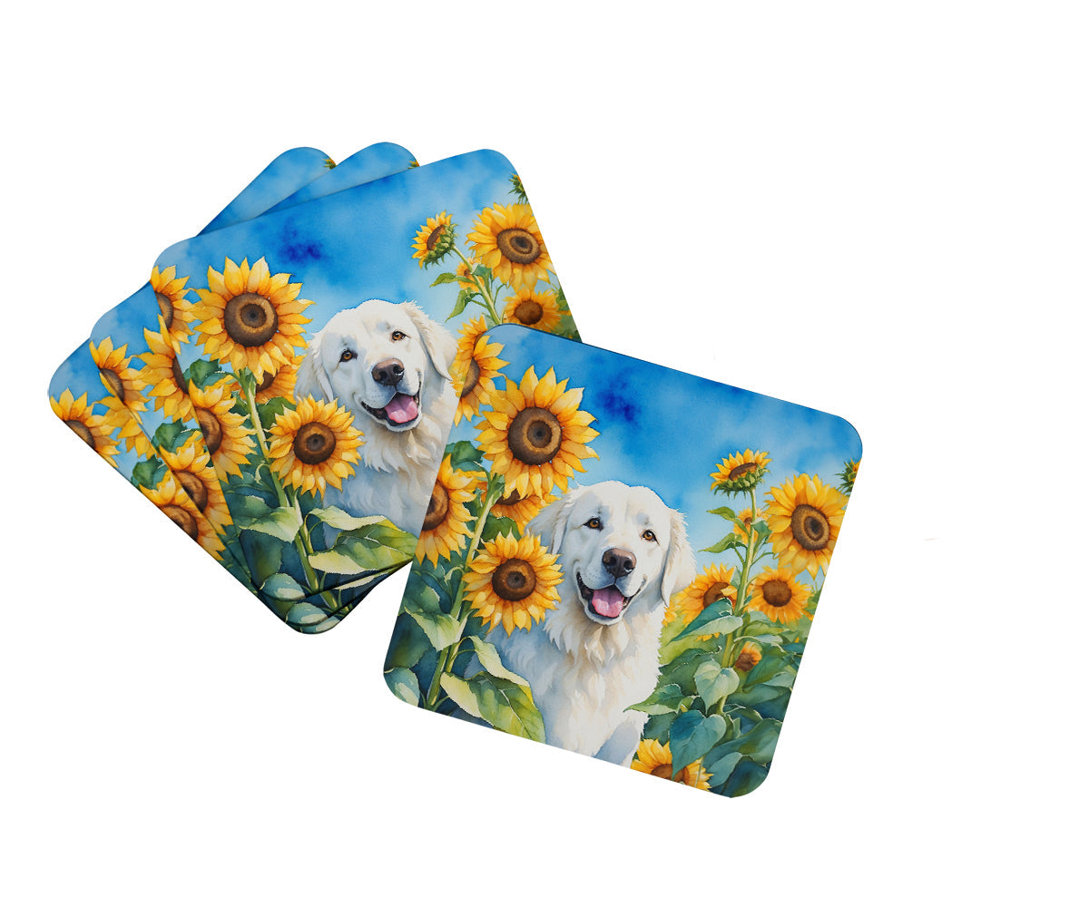 Kuvasz in Sunflowers Foam Coasters Set of 4 Cup Coasters for Indoor Outdoor, Tabletop Protection, Anti Slip, Mouse pad Material