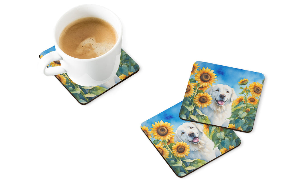 Kuvasz in Sunflowers Foam Coasters Set of 4 Cup Coasters for Indoor Outdoor, Tabletop Protection, Anti Slip, Mouse pad Material