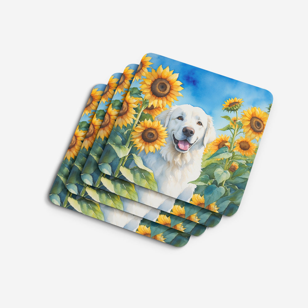 Kuvasz in Sunflowers Foam Coasters Set of 4 Cup Coasters for Indoor Outdoor, Tabletop Protection, Anti Slip, Mouse pad Material