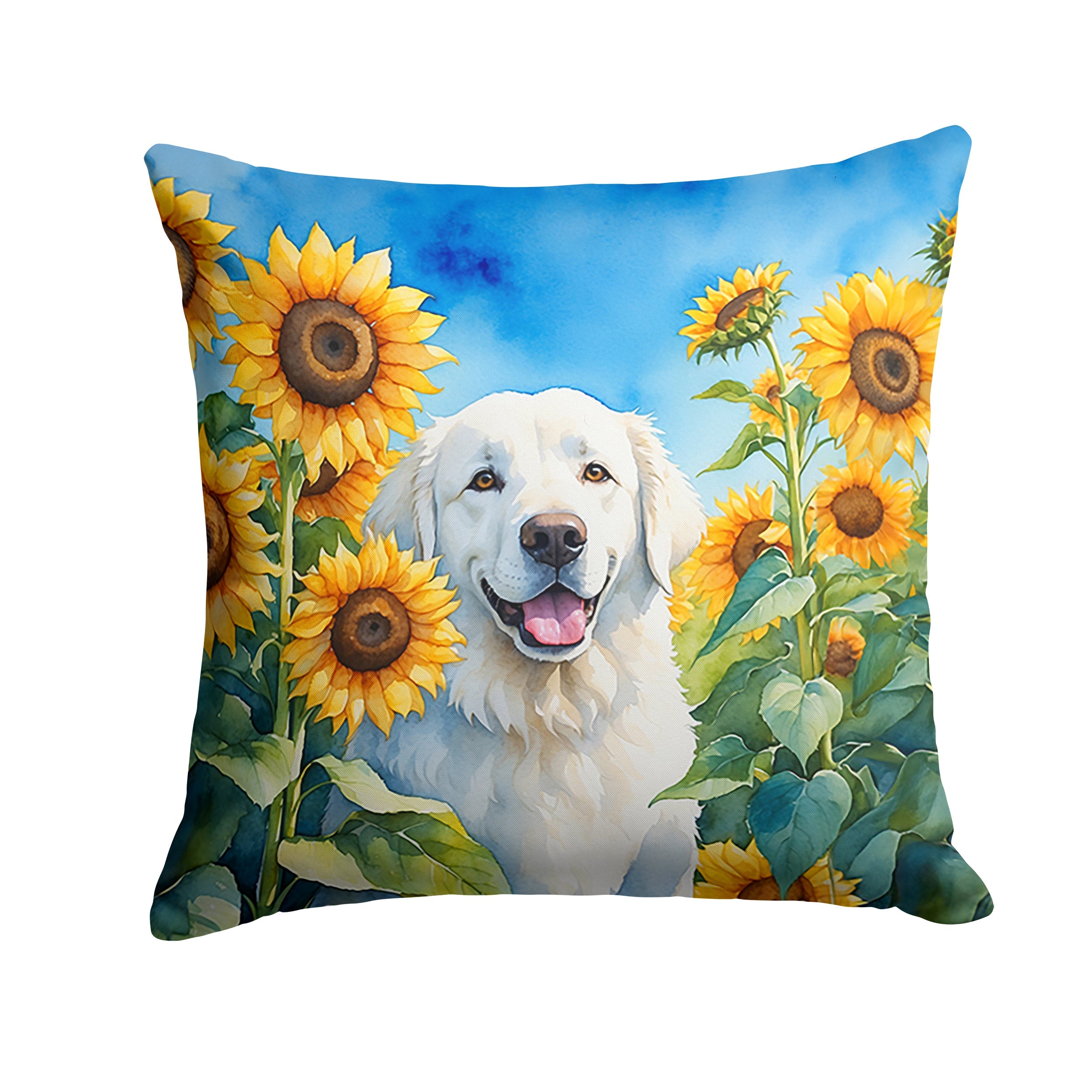 Kuvasz in Sunflowers Decorative Throw Pillow 18x18 Indoor Outdoor Accent Cushion, Fabric Cover with Insert for Sofa, Bed, Porch & Living Room