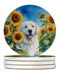 Kuvasz in Sunflowers Large Sandstone Coasters Pack of 4 Absorbent Round Coasters Decor Gifts for Men or Women, 4 in, Multicolor