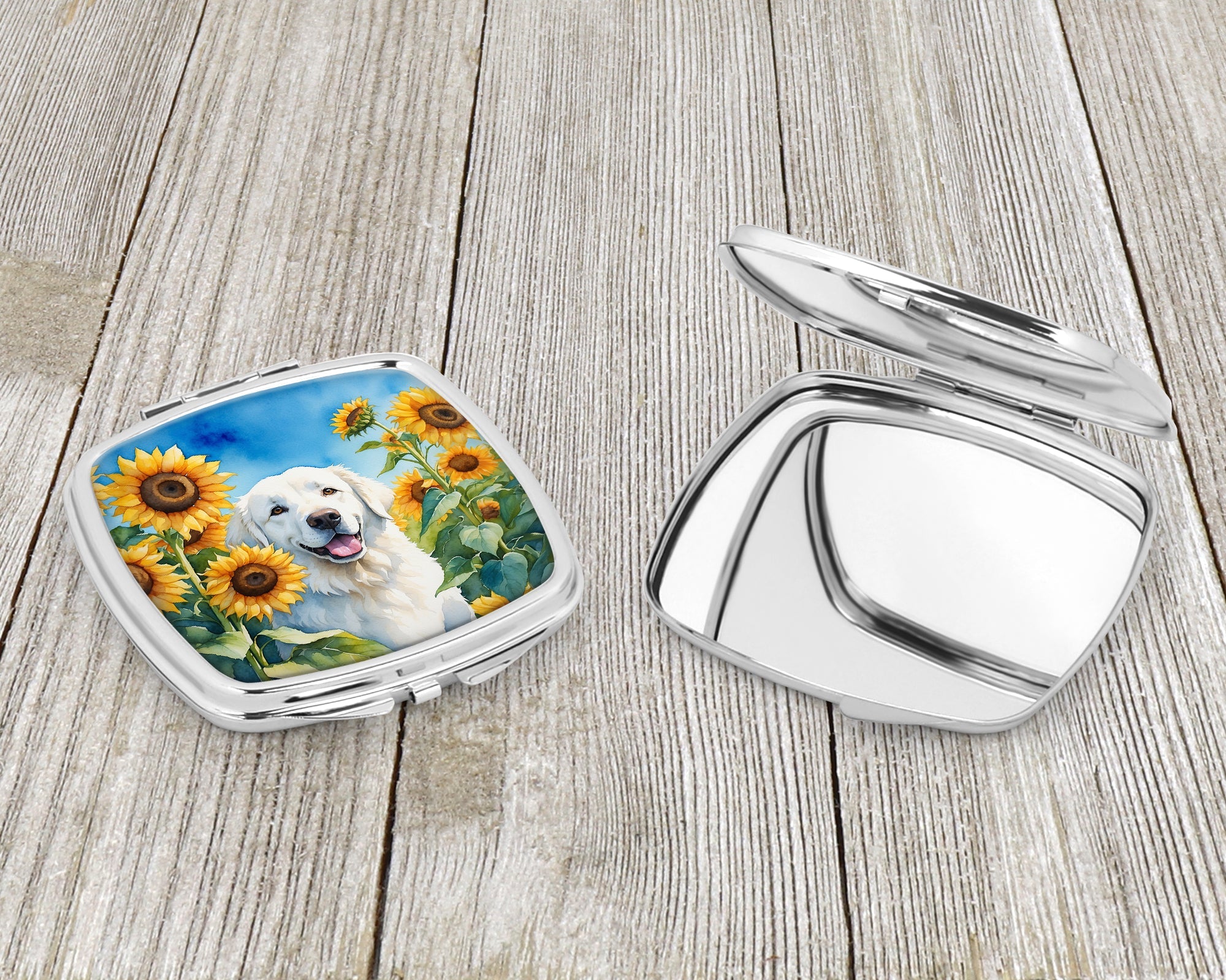 Kuvasz in Sunflowers Compact Mirror Decorative Travel Makeup Mirror for Women Girls Gifts Pocket Makeup Mirror Folding Handheld
