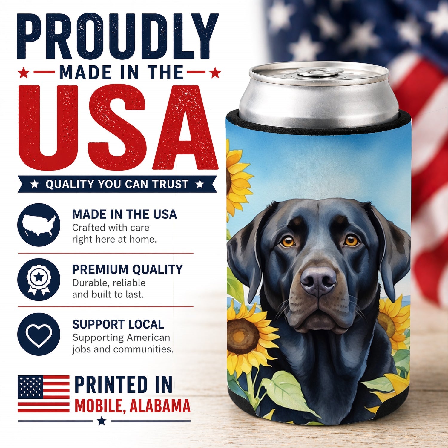 Labrador Retriever in Sunflowers Can or Bottle Hugger Cooler Sleeve for Standard 12 oz Cans, Insulated Foam Beer & Soda Can Hugger Reusable