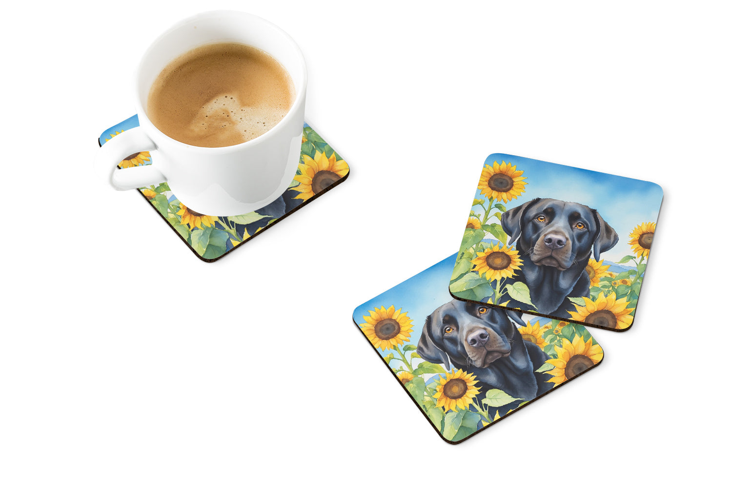Labrador Retriever in Sunflowers Foam Coasters Set of 4 Cup Coasters for Indoor Outdoor, Tabletop Protection, Anti Slip, Mouse pad Material