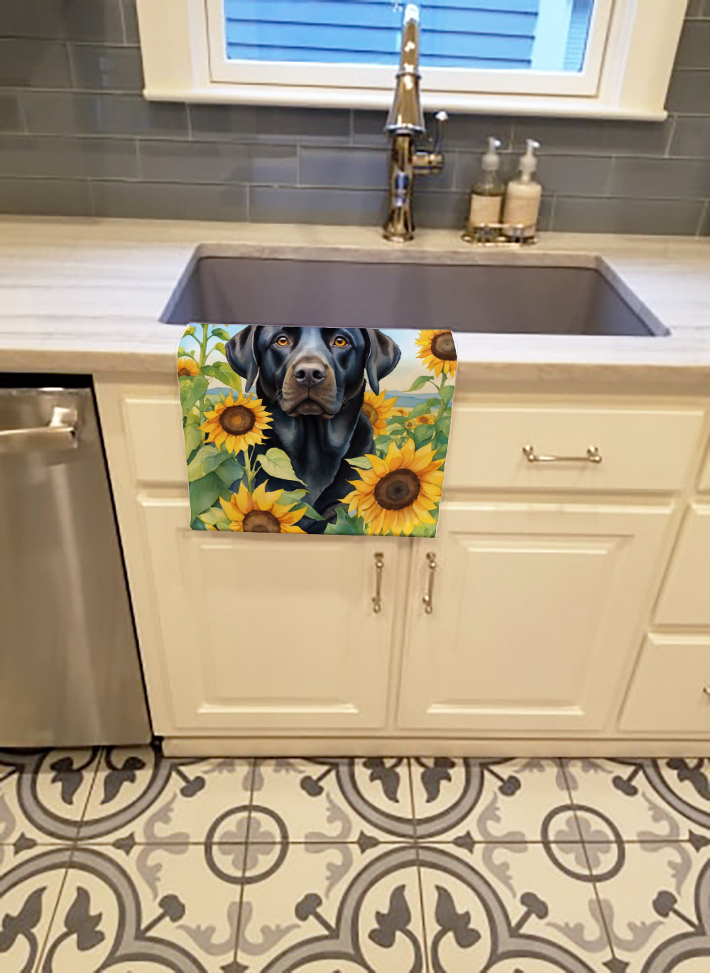 Labrador Retriever in Sunflowers Kitchen Towel Velour Plush Front and Cotton Loop Back Machine Washable