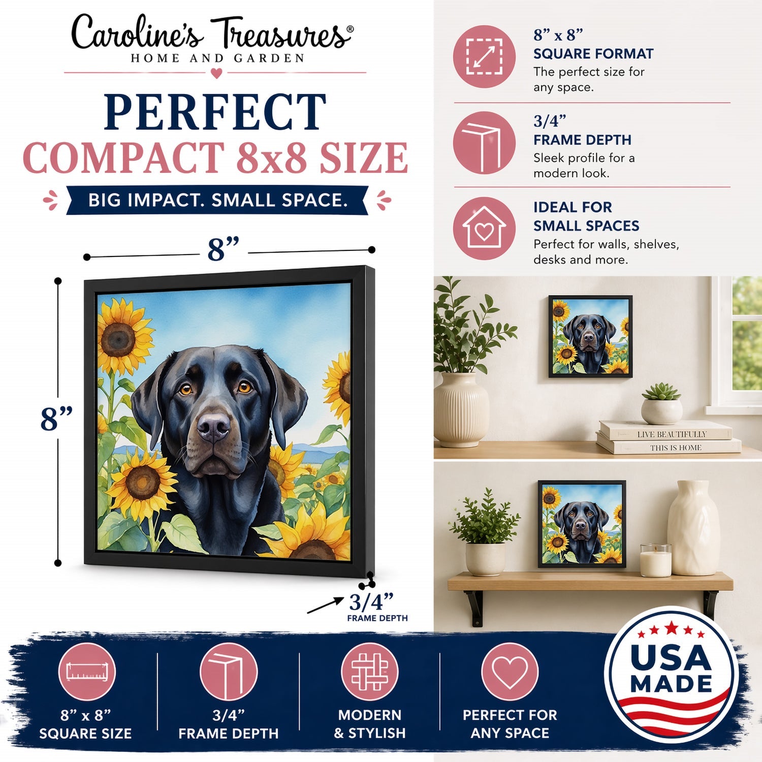 Labrador Retriever in Sunflowers Framed Metal Print Bathroom, Kitchen, Office, Home Decor Wall Art Ready to Hang, Square, 8X8