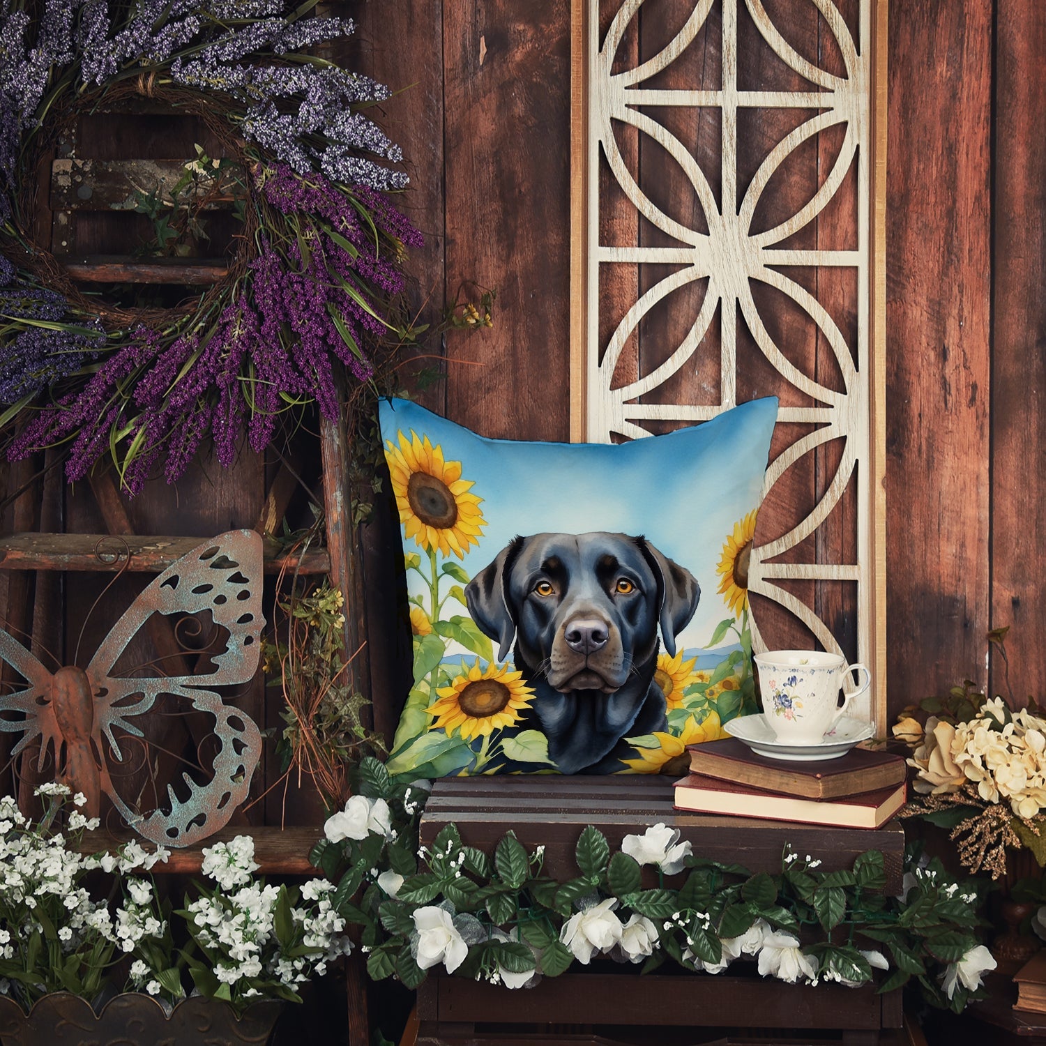 Labrador Retriever in Sunflowers Decorative Throw Pillow 14x14 Indoor Outdoor Accent Cushion, Fabric Cover with Insert for Sofa, Bed, Porch & Living Room