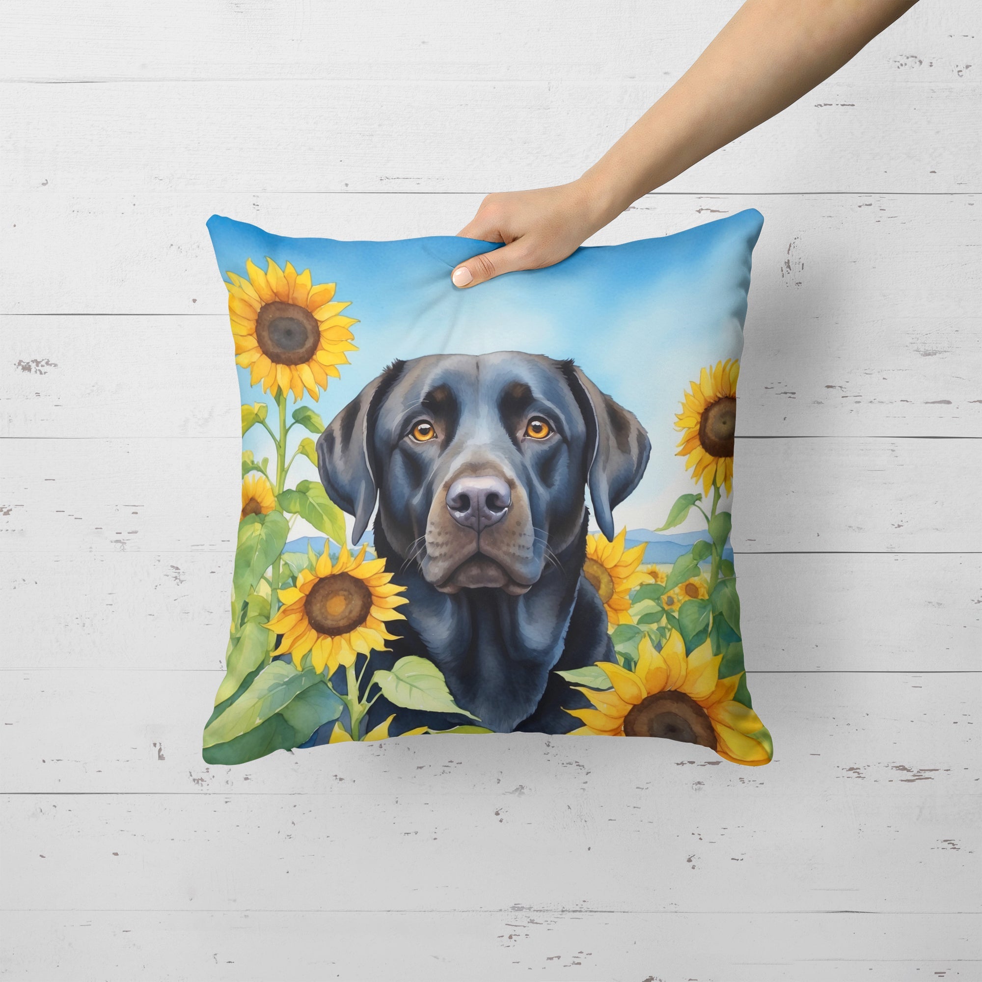 Labrador Retriever in Sunflowers Decorative Throw Pillow 18x18 Indoor Outdoor Accent Cushion, Fabric Cover with Insert for Sofa, Bed, Porch & Living Room