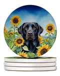 Labrador Retriever in Sunflowers Large Sandstone Coasters Pack of 4 Absorbent Round Coasters Decor Gifts for Men or Women, 4 in, Multicolor