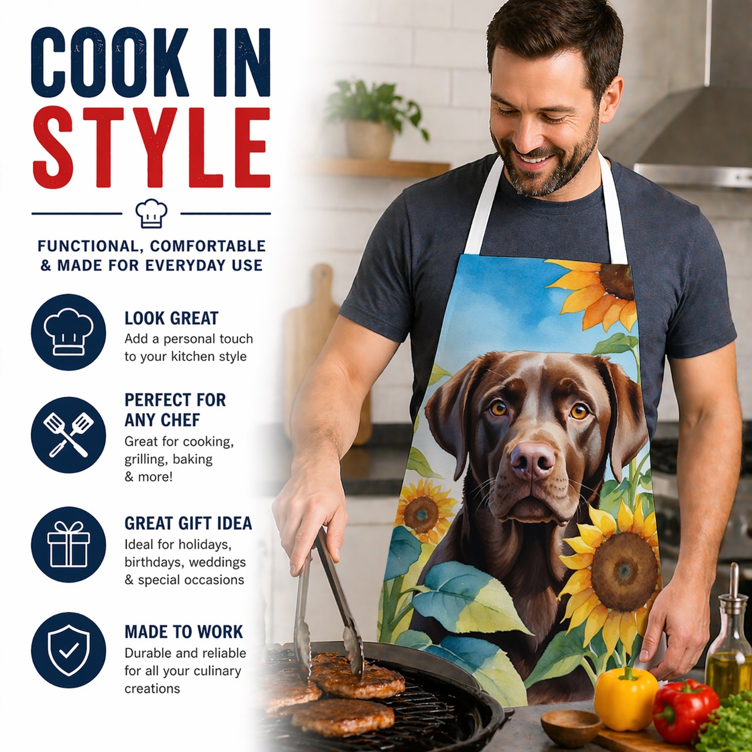 Labrador Retriever in Sunflowers Apron Cooking Kitchen Server Baking Crafts Gardening for Adult Women Men, Unisex, Large, Multicolor