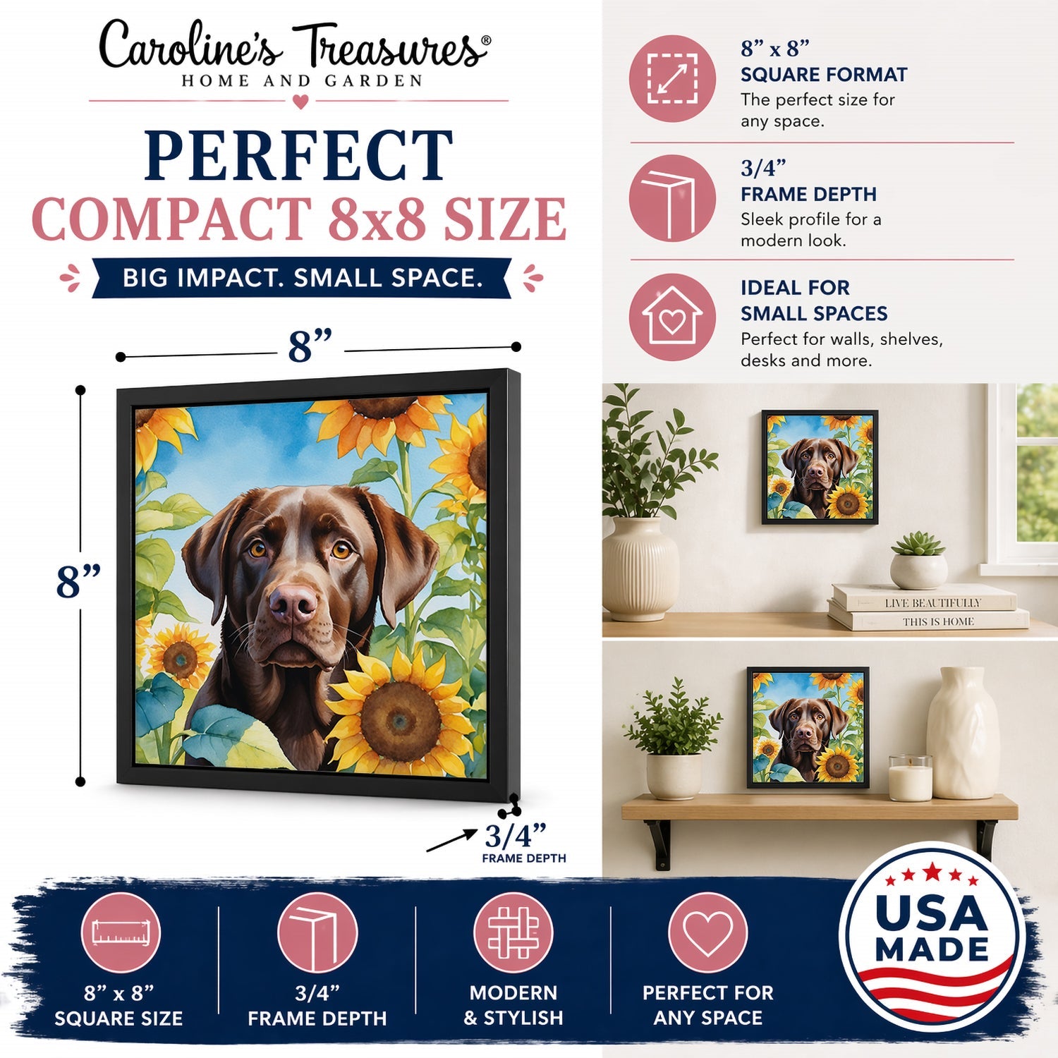 Labrador Retriever in Sunflowers Framed Metal Print Bathroom, Kitchen, Office, Home Decor Wall Art Ready to Hang, Square, 8X8