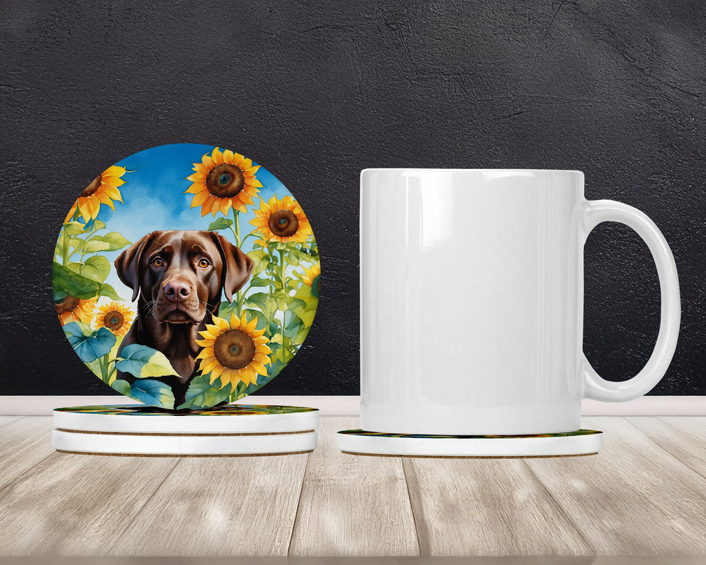 Labrador Retriever in Sunflowers Large Sandstone Coasters Pack of 4 Absorbent Round Coasters Decor Gifts for Men or Women, 4 in, Multicolor