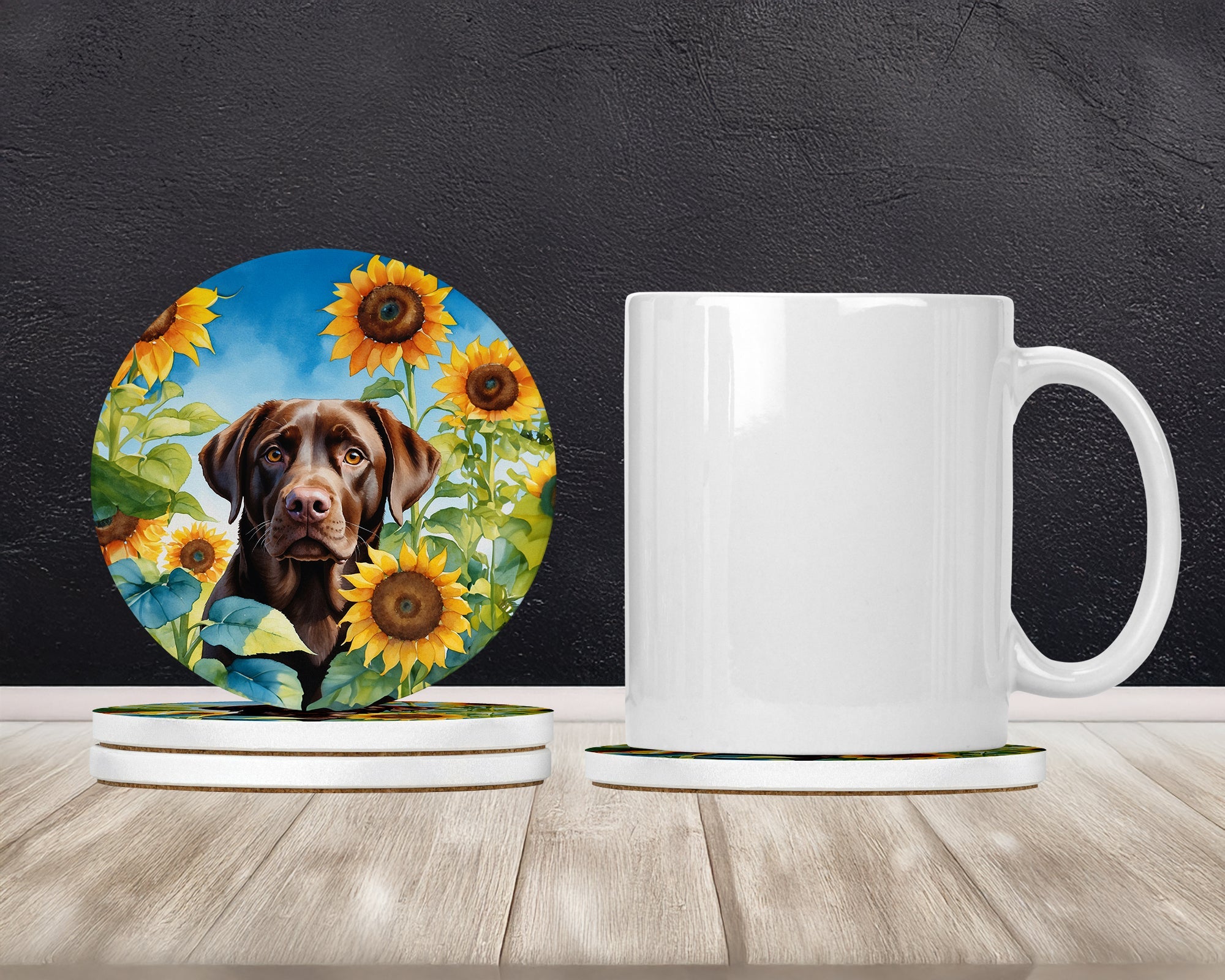 Labrador Retriever in Sunflowers Large Sandstone Coasters Pack of 4 Absorbent Round Coasters Decor Gifts for Men or Women, 4 in, Multicolor
