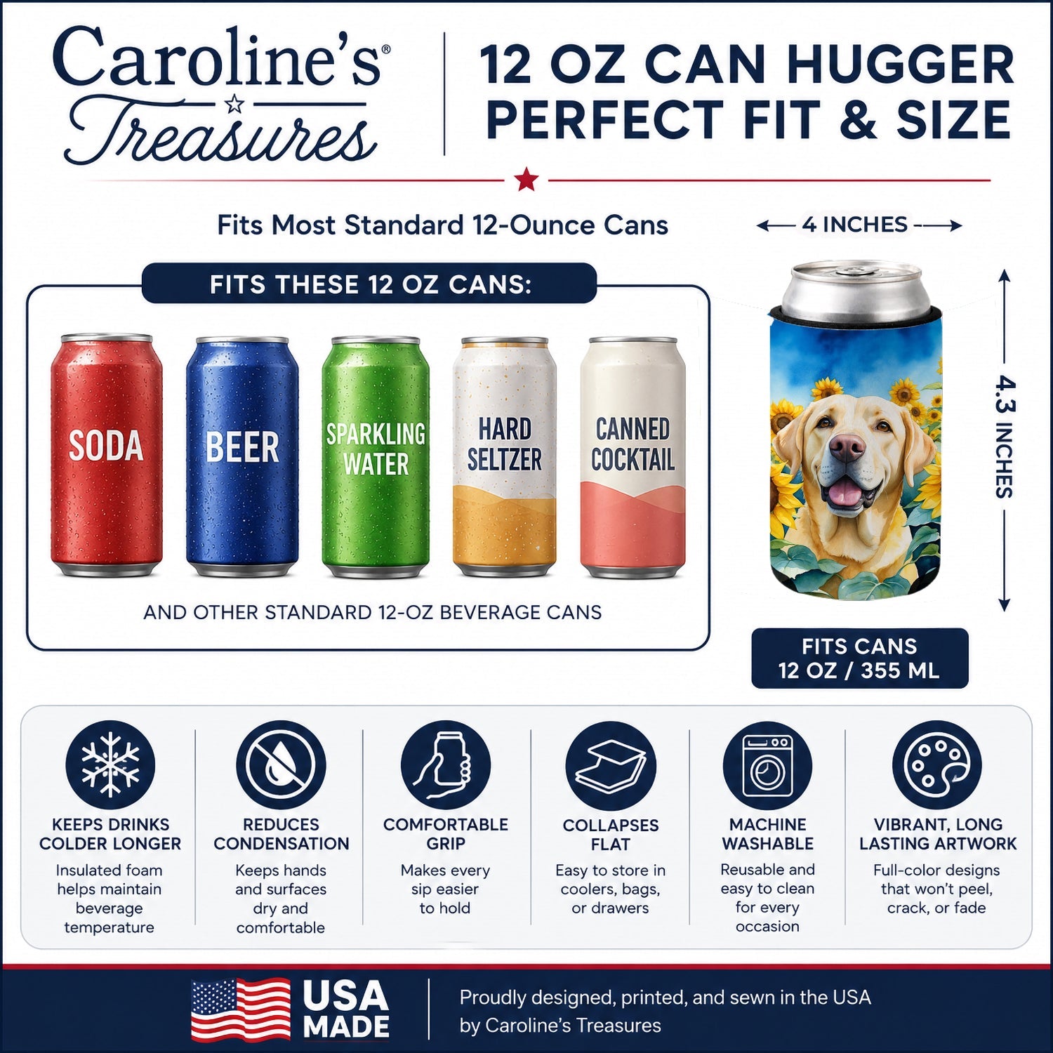 Labrador Retriever in Sunflowers Can or Bottle Hugger Cooler Sleeve for Standard 12 oz Cans, Insulated Foam Beer & Soda Can Hugger Reusable