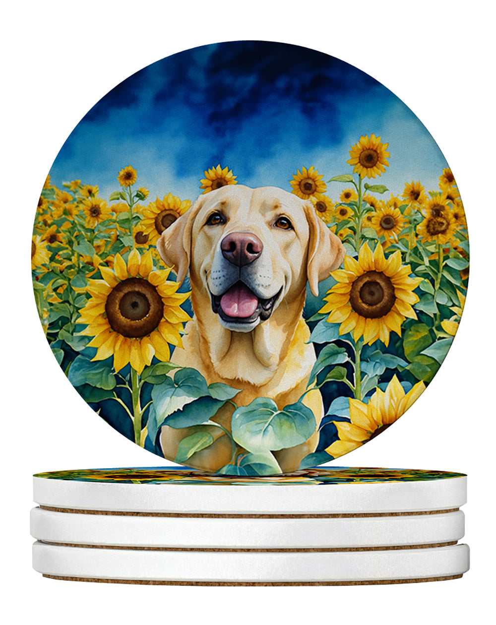 Labrador Retriever in Sunflowers Large Sandstone Coasters Pack of 4 Absorbent Round Coasters Decor Gifts for Men or Women, 4 in, Multicolor