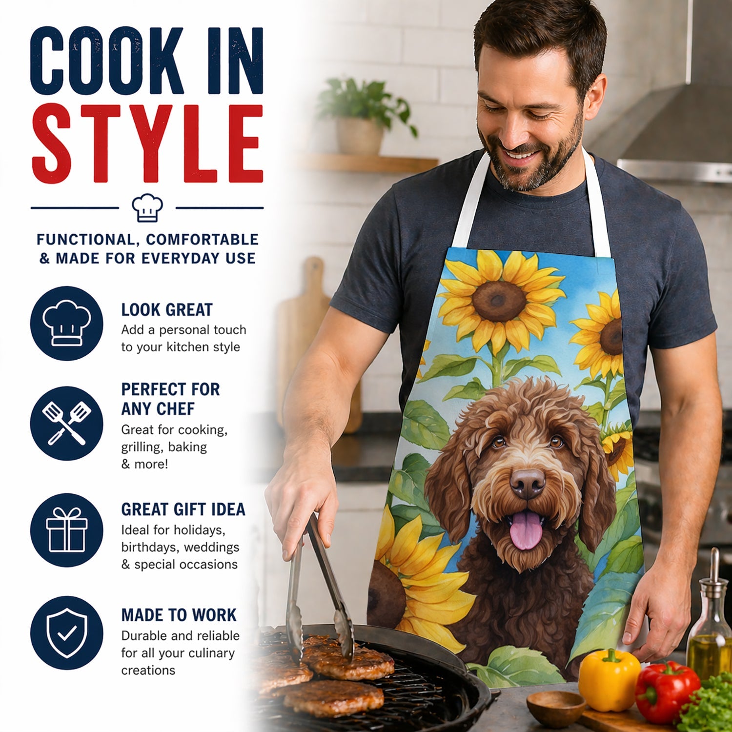 Labradoodle in Sunflowers Apron Cooking Kitchen Server Baking Crafts Gardening for Adult Women Men, Unisex, Large, Multicolor