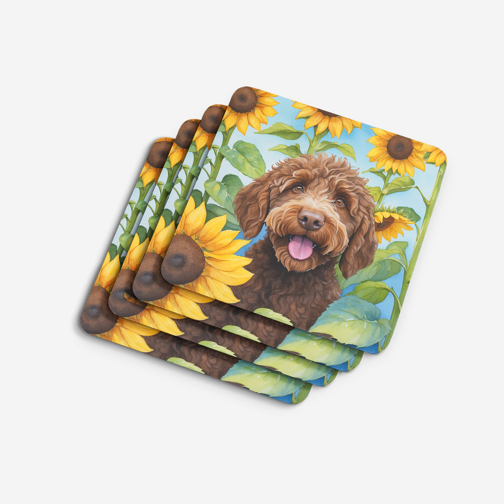 Labradoodle in Sunflowers Foam Coasters Set of 4 Cup Coasters for Indoor Outdoor, Tabletop Protection, Anti Slip, Mouse pad Material