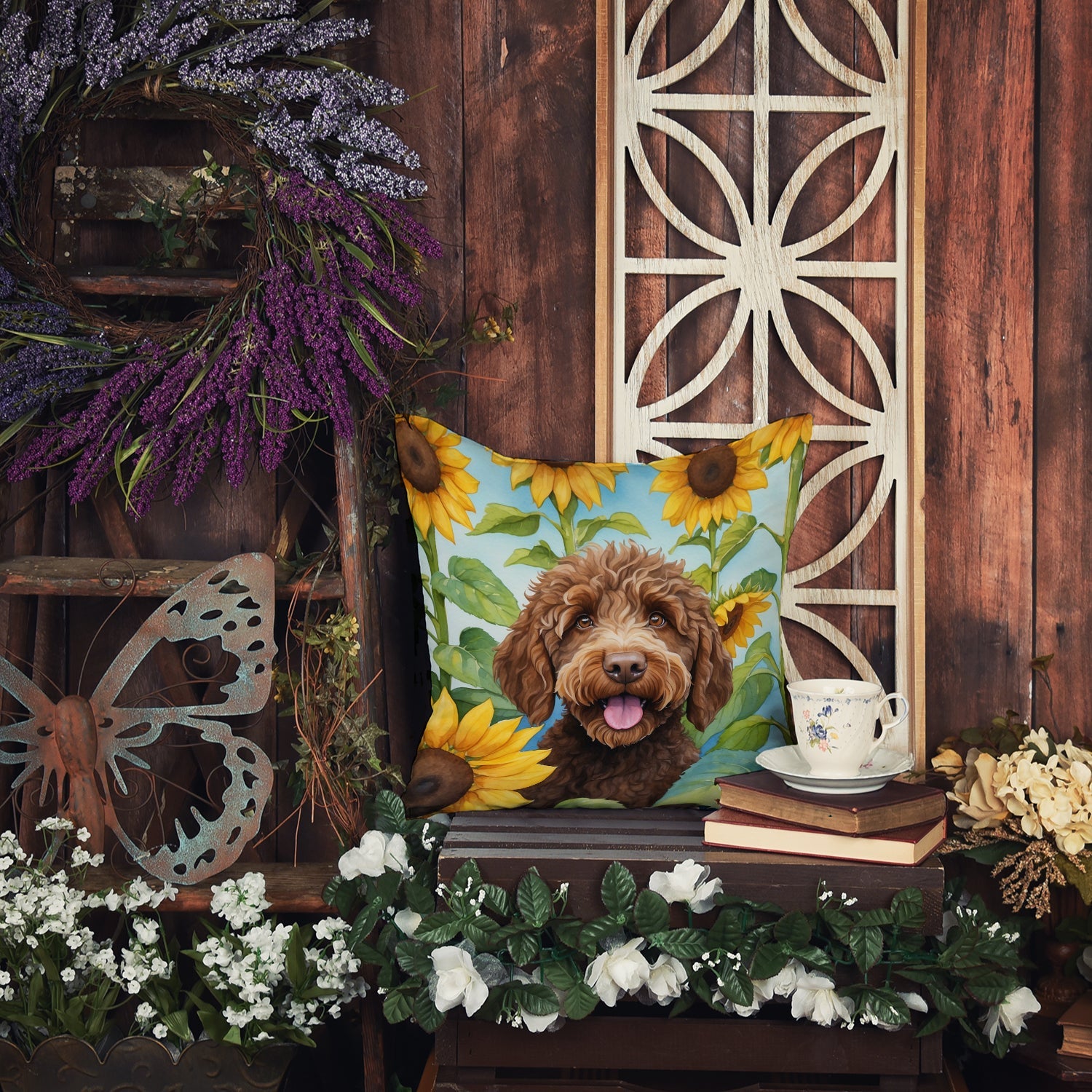 Labradoodle in Sunflowers Decorative Throw Pillow 18x18 Indoor Outdoor Accent Cushion, Fabric Cover with Insert for Sofa, Bed, Porch & Living Room