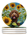 Labradoodle in Sunflowers Large Sandstone Coasters Pack of 4 Absorbent Round Coasters Decor Gifts for Men or Women, 4 in, Multicolor