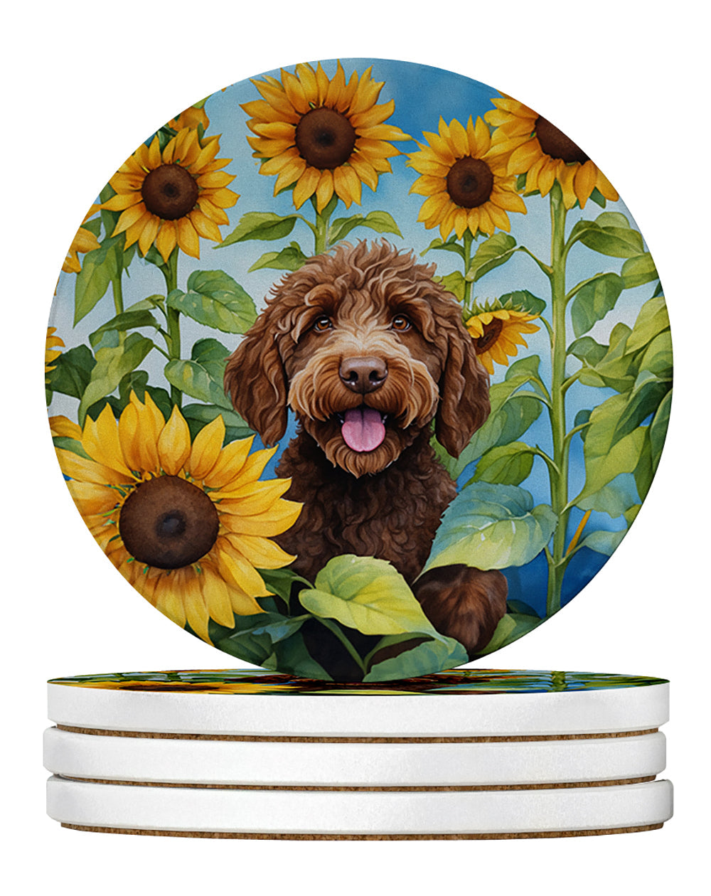Labradoodle in Sunflowers Large Sandstone Coasters Pack of 4 Absorbent Round Coasters Decor Gifts for Men or Women, 4 in, Multicolor