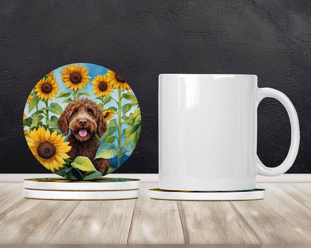 Labradoodle in Sunflowers Large Sandstone Coasters Pack of 4 Absorbent Round Coasters Decor Gifts for Men or Women, 4 in, Multicolor