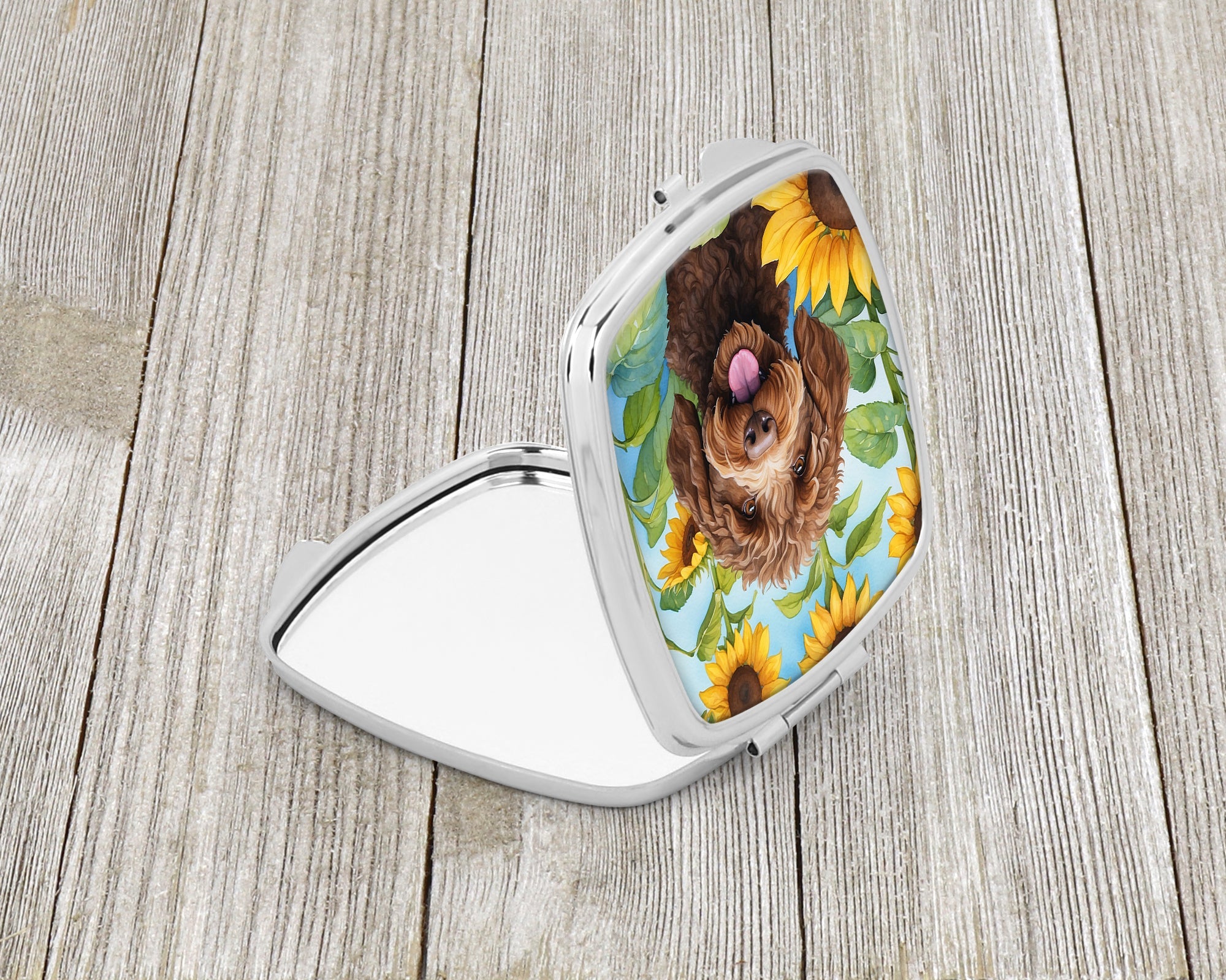 Labradoodle in Sunflowers Compact Mirror Decorative Travel Makeup Mirror for Women Girls Gifts Pocket Makeup Mirror Folding Handheld
