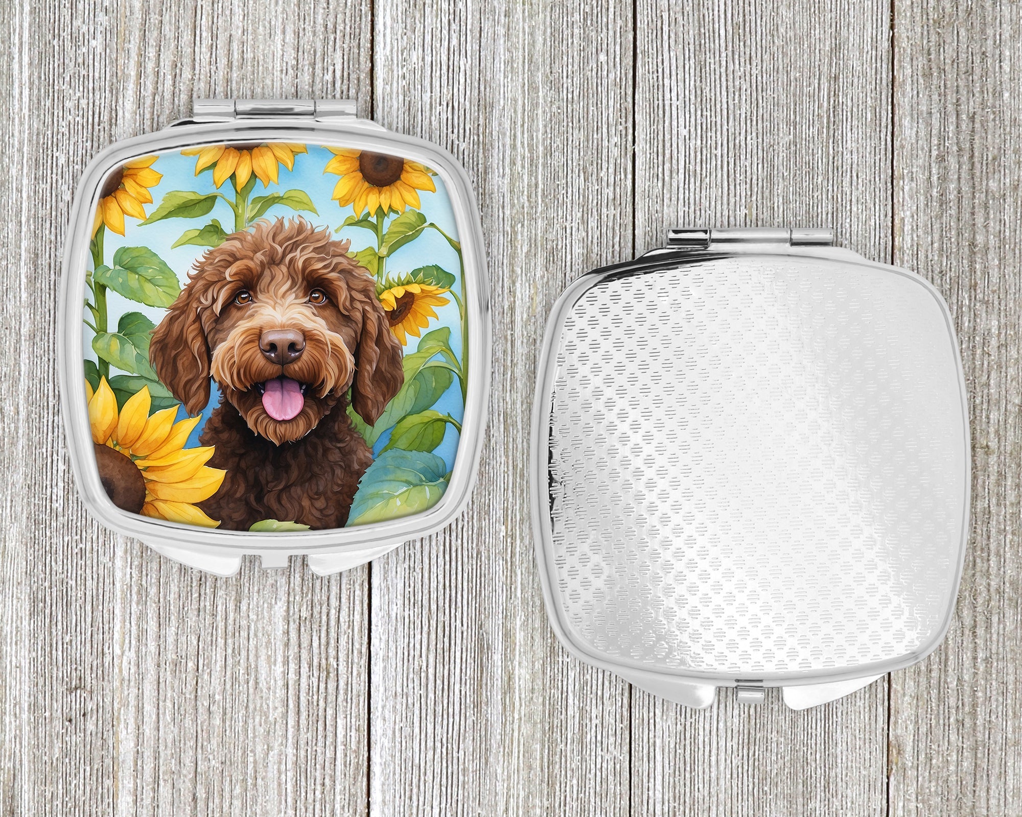 Labradoodle in Sunflowers Compact Mirror Decorative Travel Makeup Mirror for Women Girls Gifts Pocket Makeup Mirror Folding Handheld