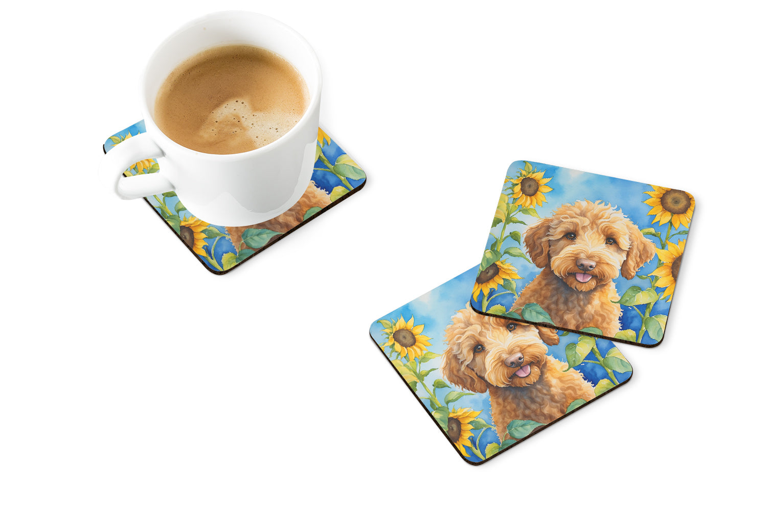 Labradoodle in Sunflowers Foam Coasters Set of 4 Cup Coasters for Indoor Outdoor, Tabletop Protection, Anti Slip, Mouse pad Material