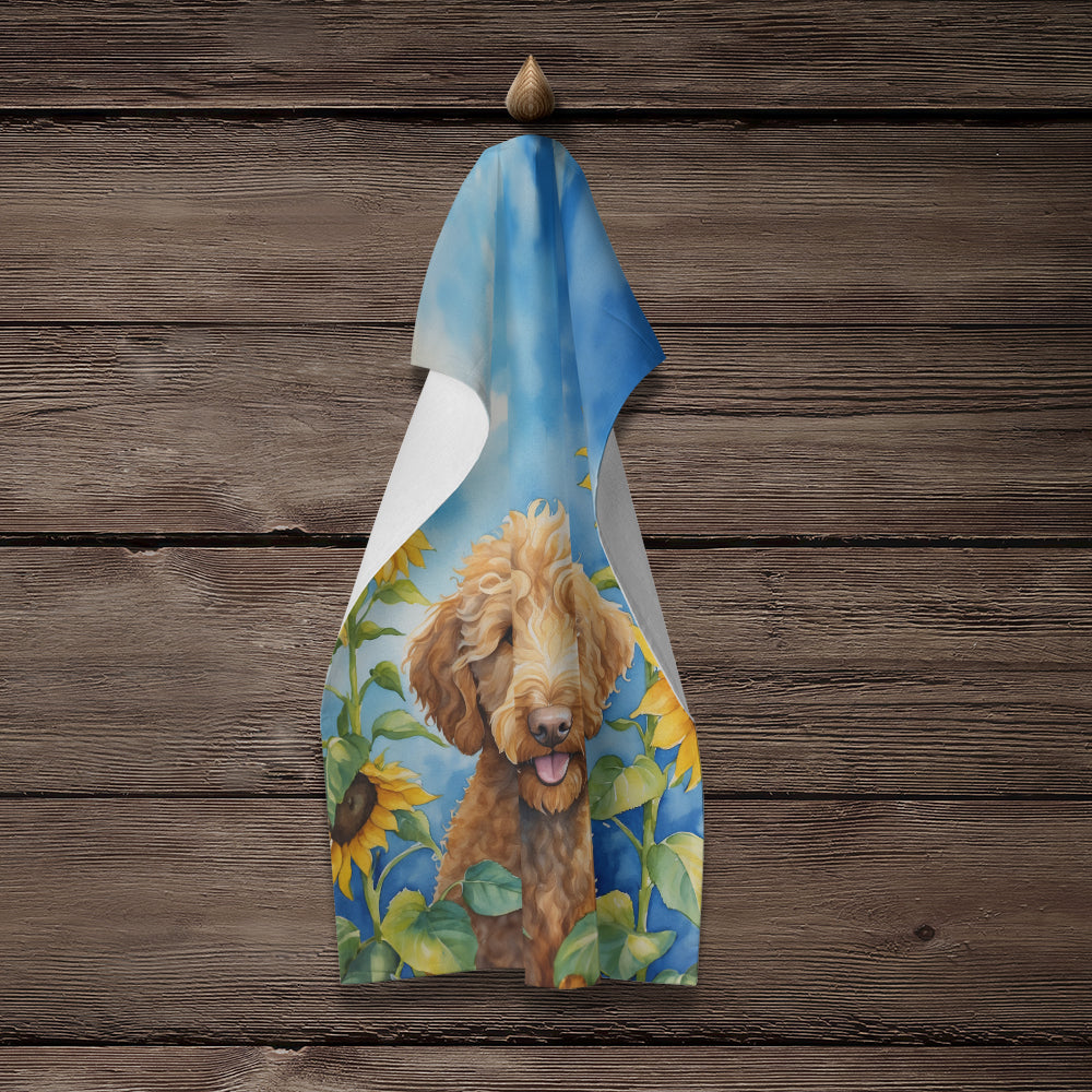 Labradoodle in Sunflowers Kitchen Towel Velour Plush Front and Cotton Loop Back Machine Washable
