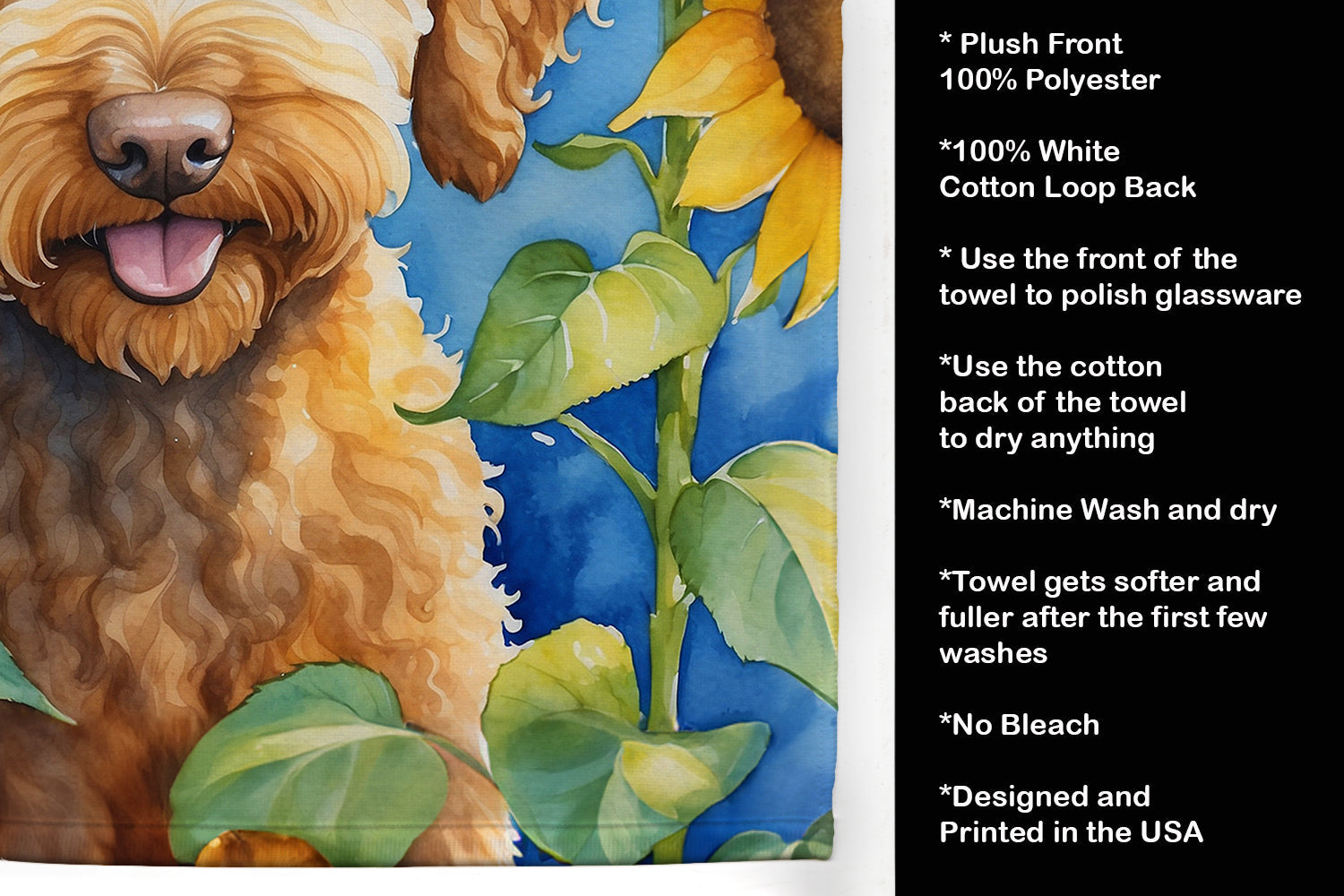 Labradoodle in Sunflowers Kitchen Towel Velour Plush Front and Cotton Loop Back Machine Washable
