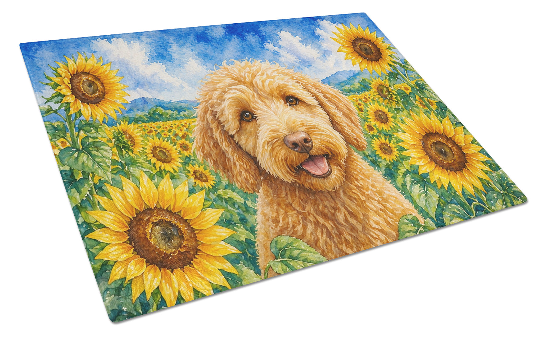 Labradoodle in Sunflowers Cutting Board Tempered Glass Kitchen Cutting Surface, Heat Resistant Chopping Board with Non-Slip Feet, Decorative Food Prep & Serving