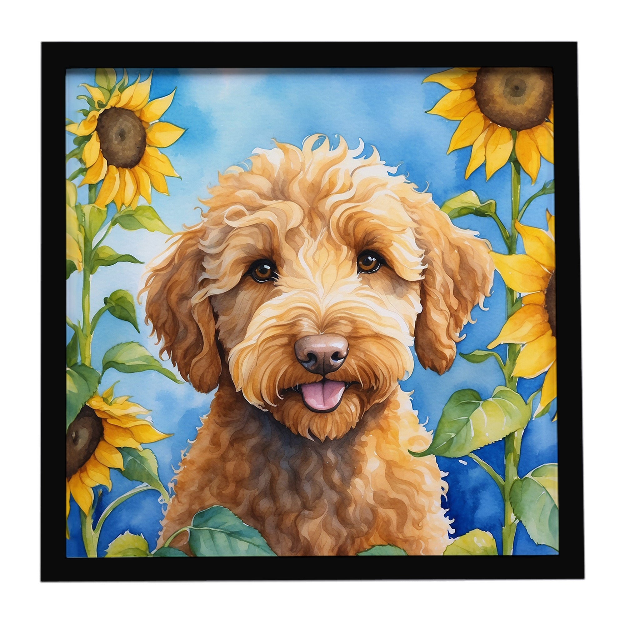 Labradoodle in Sunflowers Framed Metal Print Bathroom, Kitchen, Office, Home Decor Wall Art Ready to Hang, Square, 8X8
