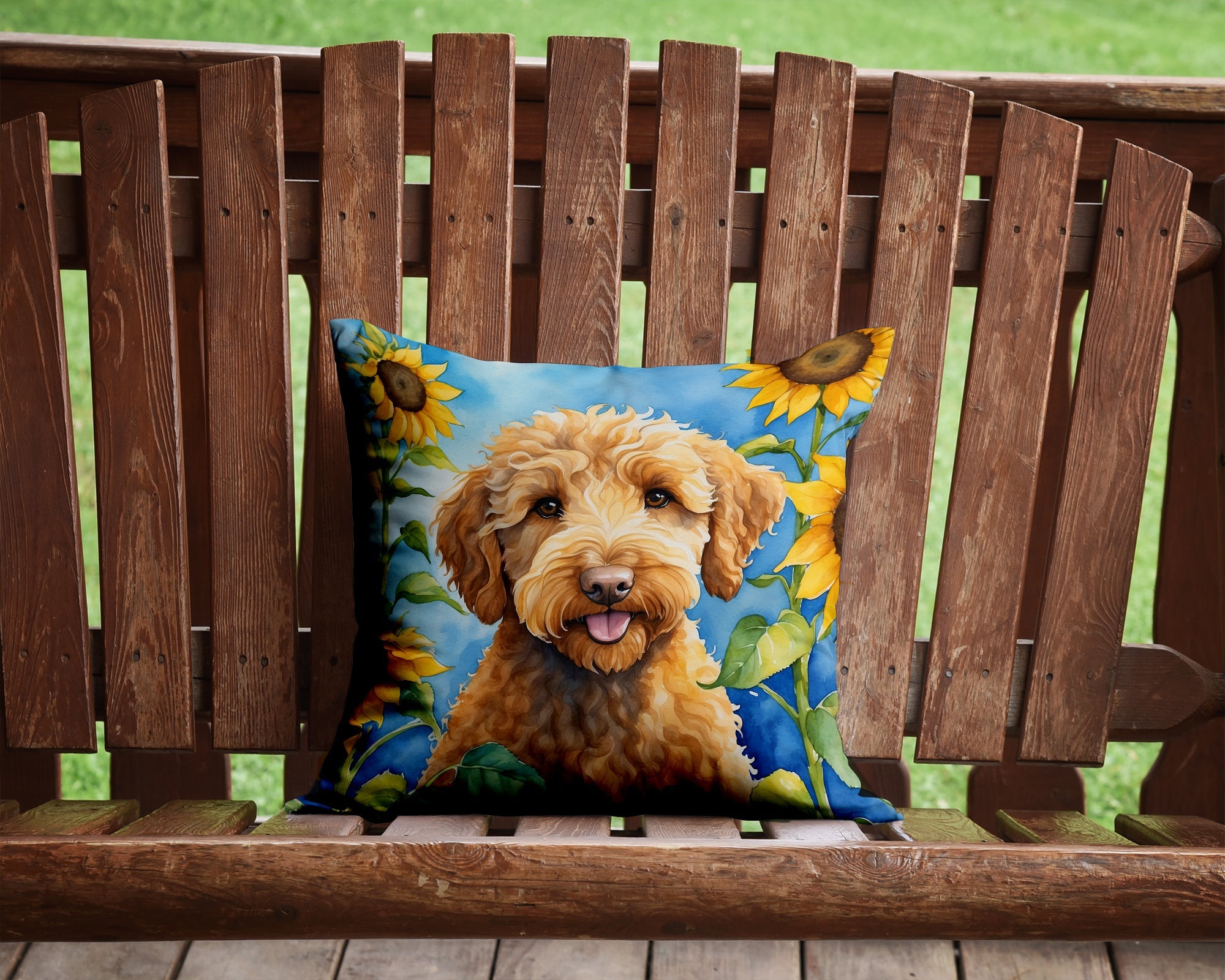 Labradoodle in Sunflowers Decorative Throw Pillow 14x14 Indoor Outdoor Accent Cushion, Fabric Cover with Insert for Sofa, Bed, Porch & Living Room