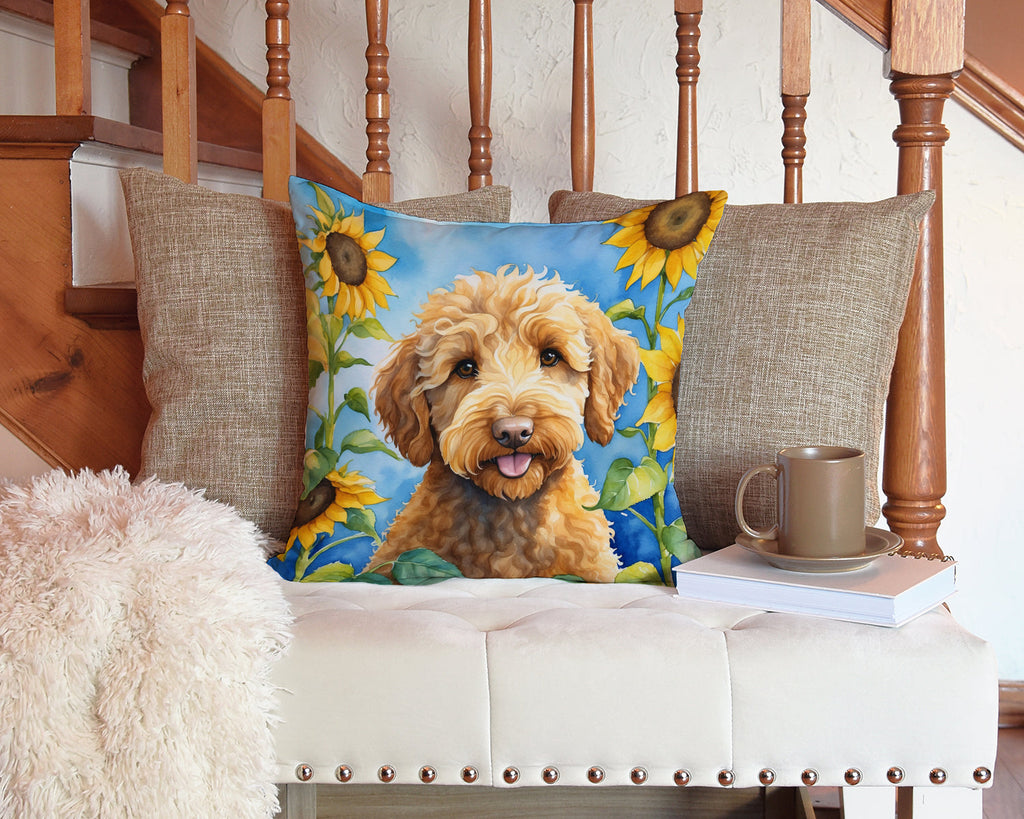 Labradoodle in Sunflowers Decorative Throw Pillow 14x14 Indoor Outdoor Accent Cushion, Fabric Cover with Insert for Sofa, Bed, Porch & Living Room