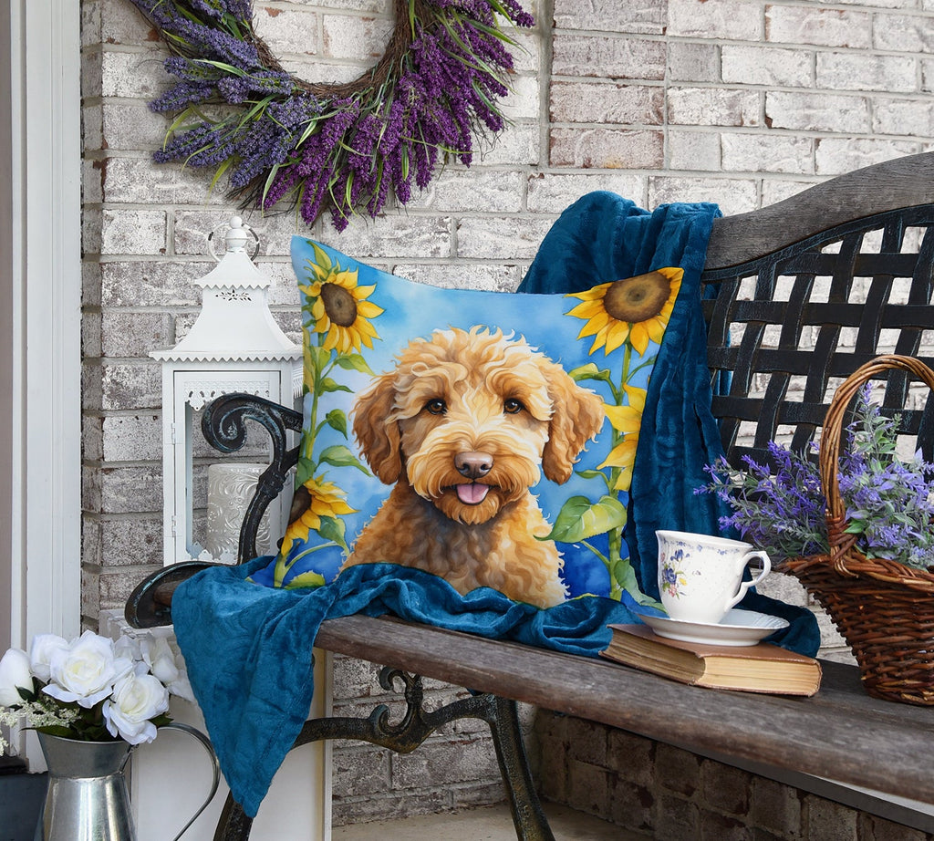 Labradoodle in Sunflowers Decorative Throw Pillow 18x18 Indoor Outdoor Accent Cushion, Fabric Cover with Insert for Sofa, Bed, Porch & Living Room