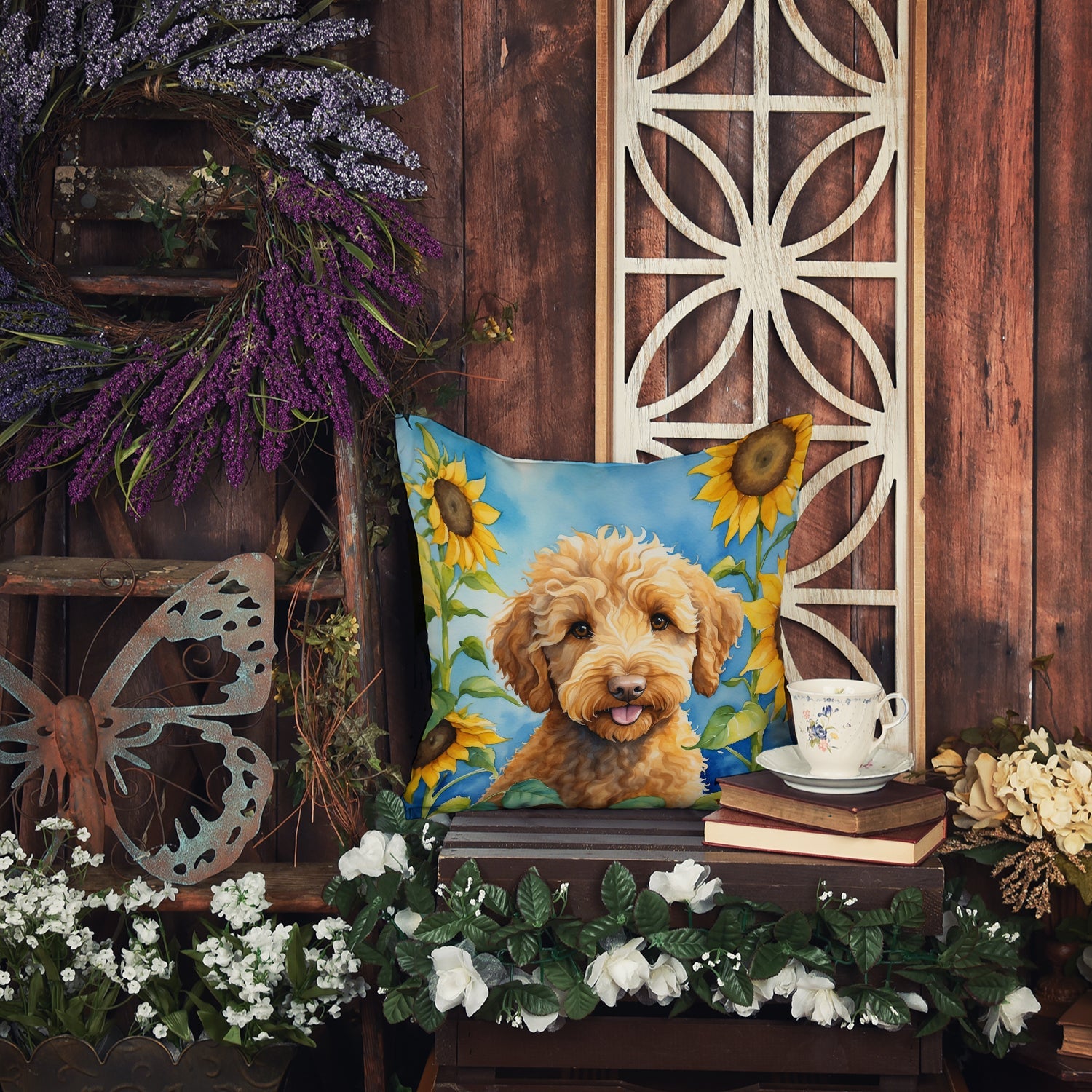 Labradoodle in Sunflowers Decorative Throw Pillow 18x18 Indoor Outdoor Accent Cushion, Fabric Cover with Insert for Sofa, Bed, Porch & Living Room