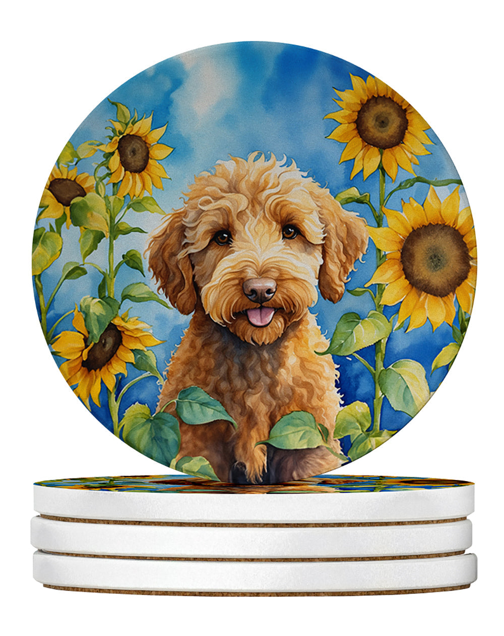 Labradoodle in Sunflowers Large Sandstone Coasters Pack of 4 Absorbent Round Coasters Decor Gifts for Men or Women, 4 in, Multicolor