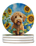 Labradoodle in Sunflowers Large Sandstone Coasters Pack of 4 Absorbent Round Coasters Decor Gifts for Men or Women, 4 in, Multicolor