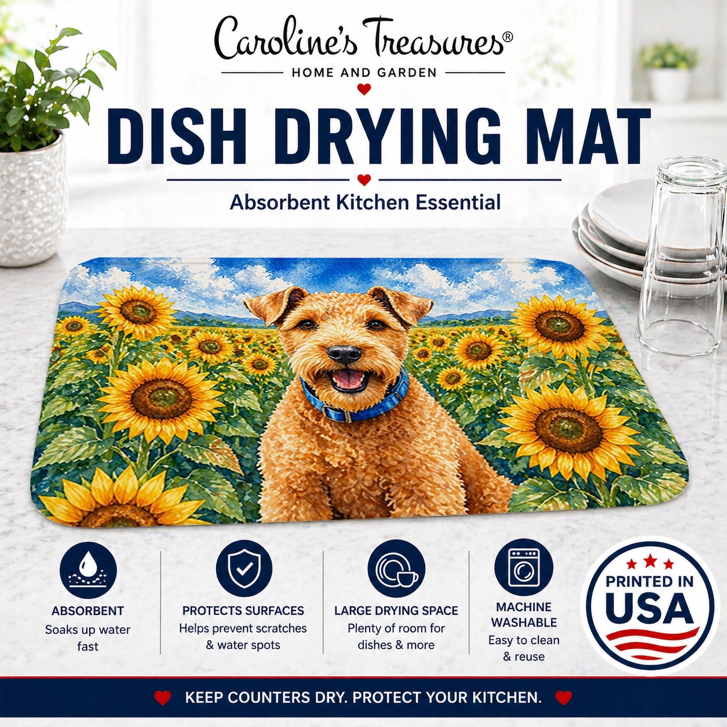 Lakeland Terrier in Sunflowers Dish Drying Mat Absorbent Dish Drying Mat Pad for Kitchen Counter Dish Drainer Mat for Countertop, 14 x 21", Multicolor