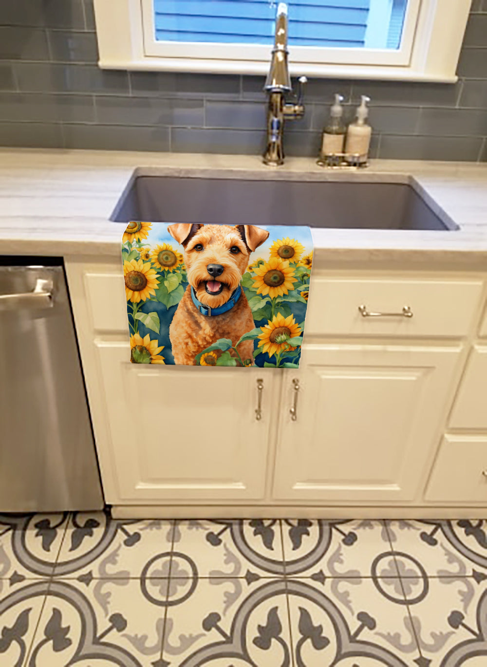 Lakeland Terrier in Sunflowers Kitchen Towel Velour Plush Front and Cotton Loop Back Machine Washable