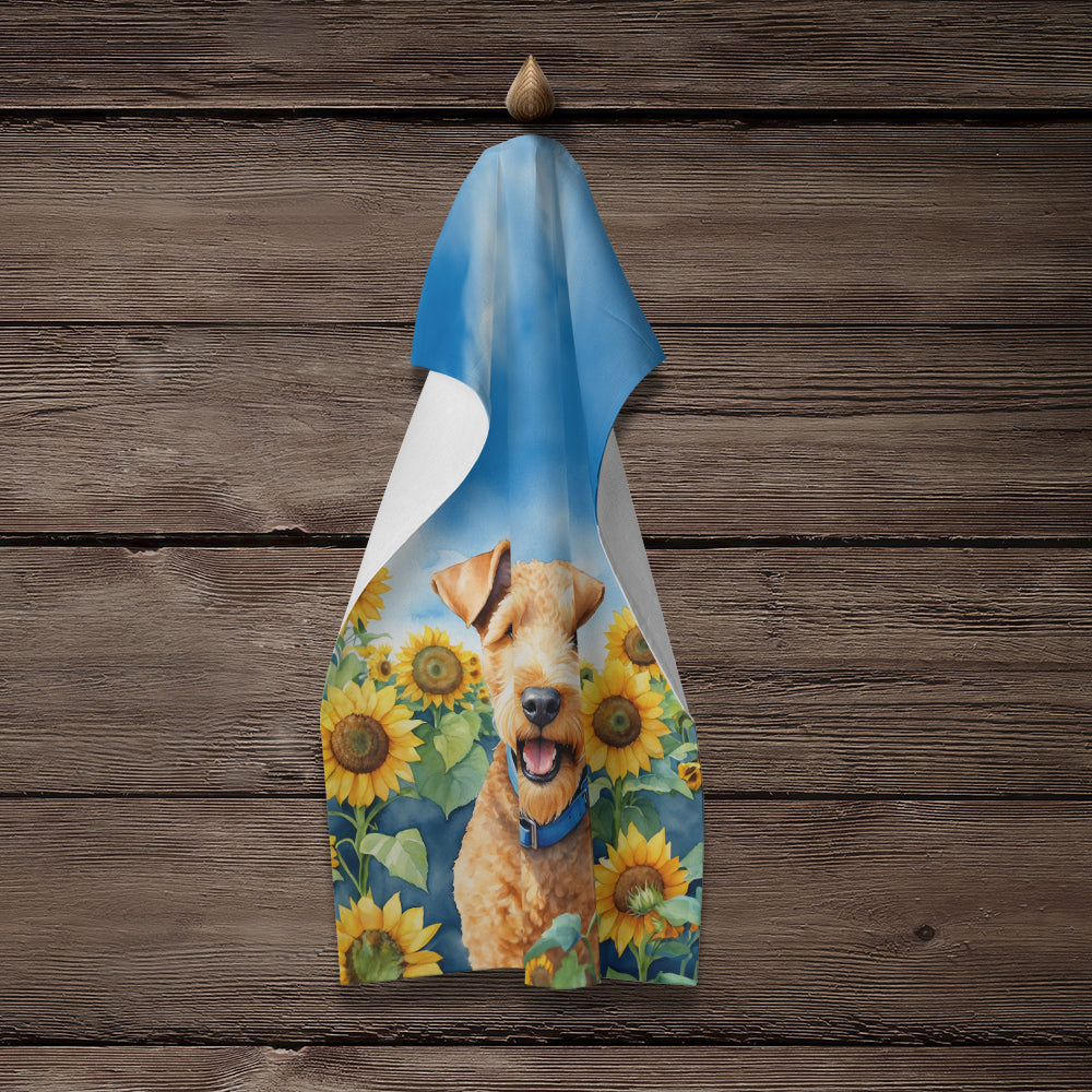 Lakeland Terrier in Sunflowers Kitchen Towel Velour Plush Front and Cotton Loop Back Machine Washable