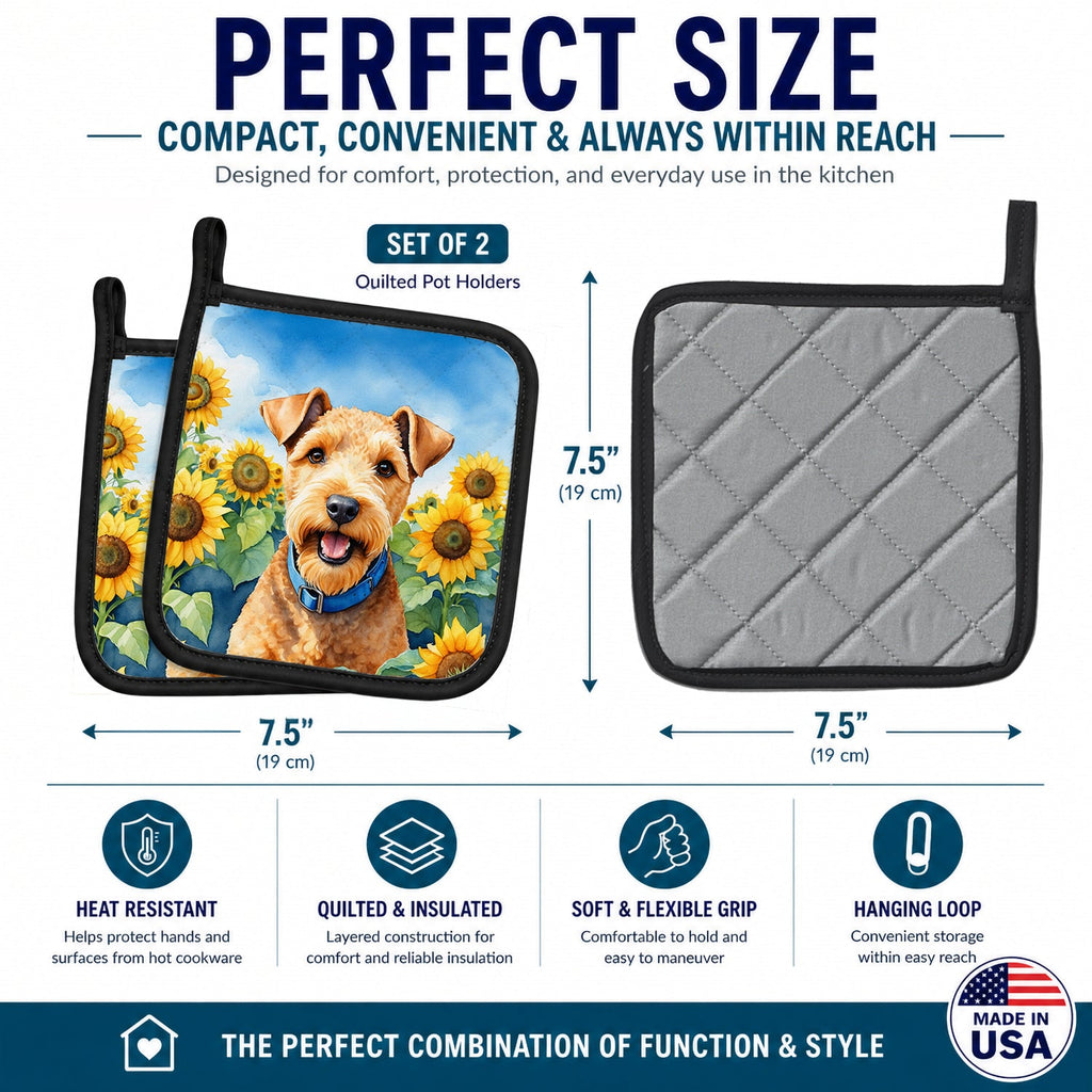 Lakeland Terrier in Sunflowers Pot Holder Set of 2 Heat Resistant Quilted Hot Pads 7.5 x 7.5 Inch, Insulated Kitchen Trivets for Cooking & Baking