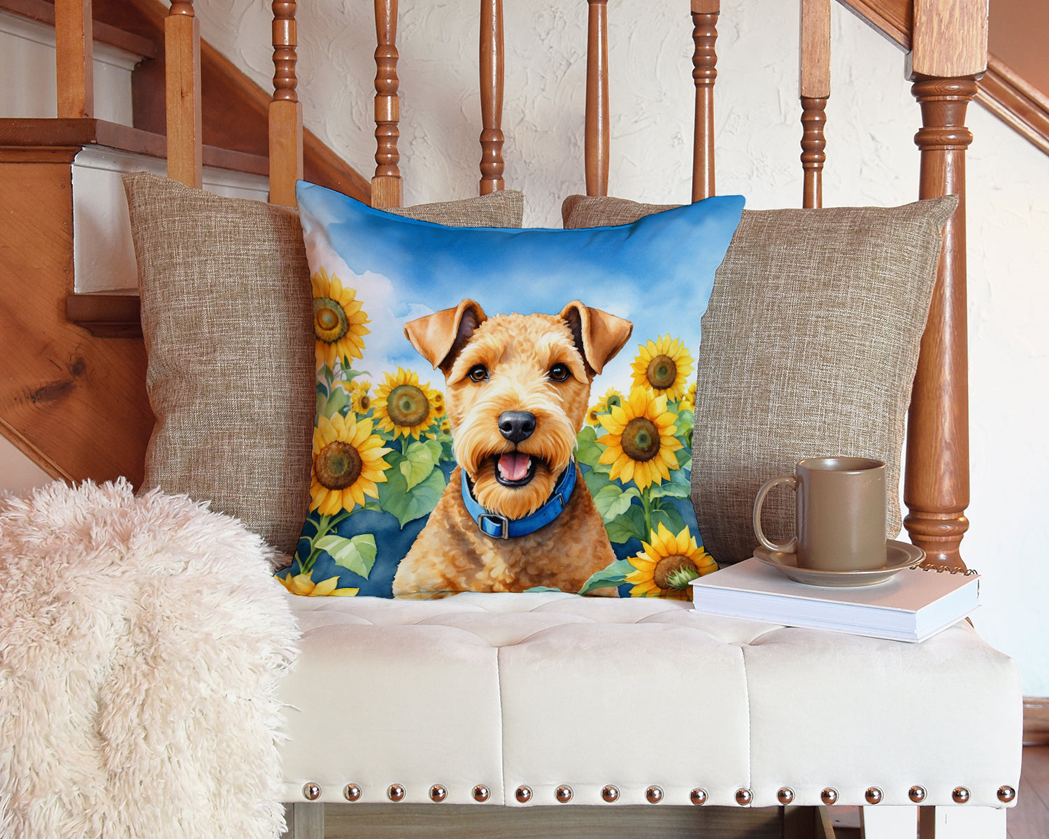Lakeland Terrier in Sunflowers Decorative Throw Pillow 14x14 Indoor Outdoor Accent Cushion, Fabric Cover with Insert for Sofa, Bed, Porch & Living Room