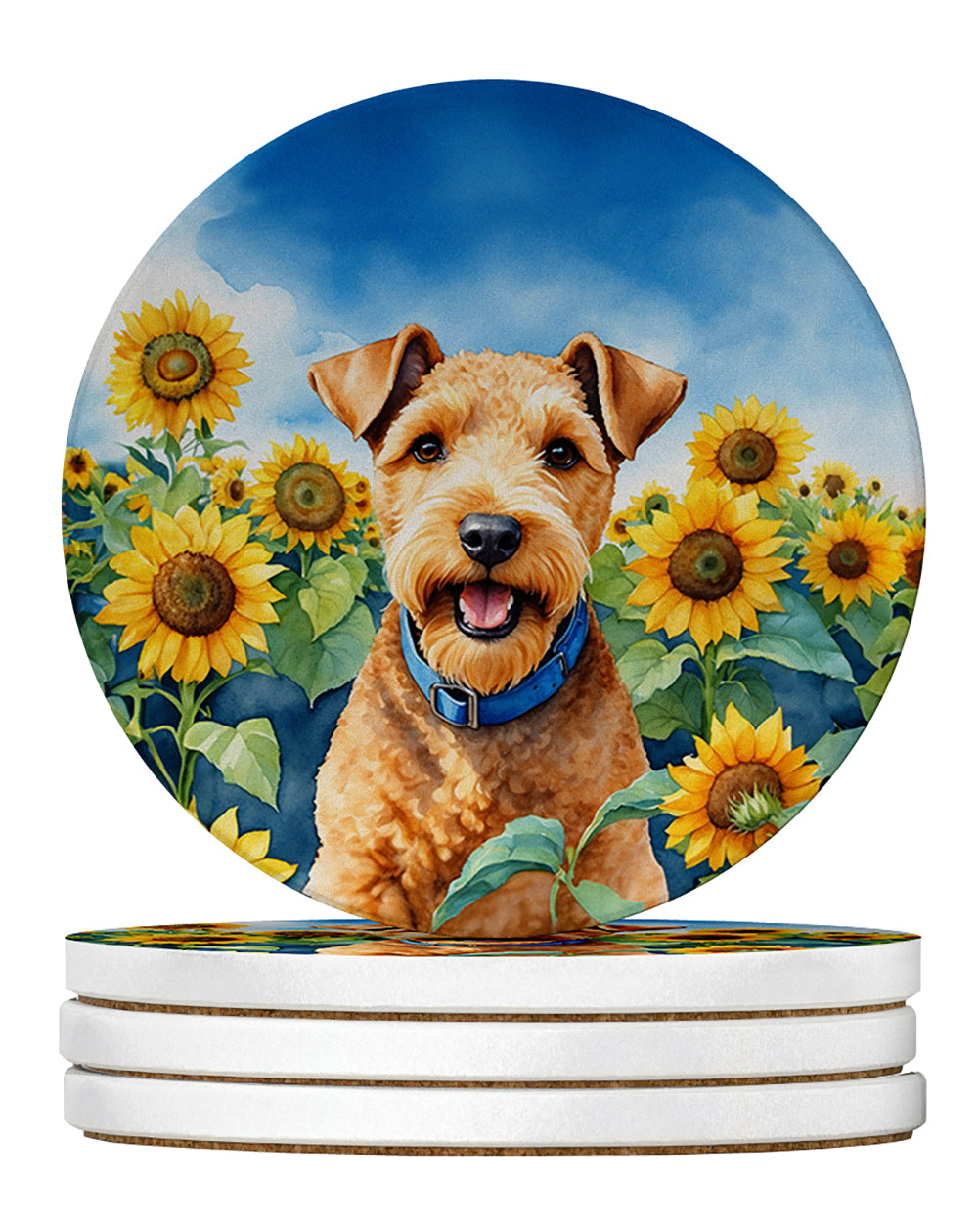 Lakeland Terrier in Sunflowers Large Sandstone Coasters Pack of 4 Absorbent Round Coasters Decor Gifts for Men or Women, 4 in, Multicolor