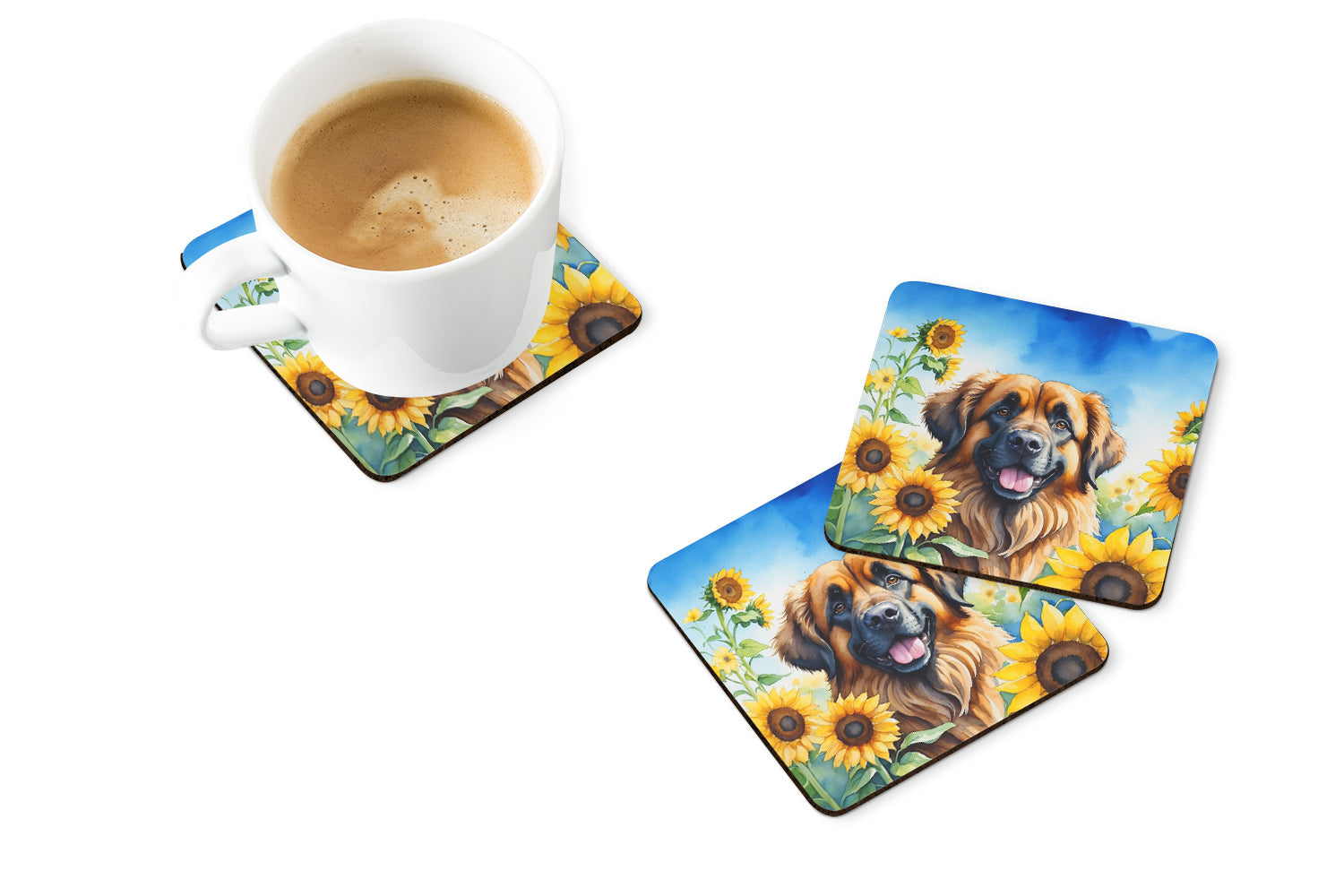 Leonberger in Sunflowers Foam Coasters Set of 4 Cup Coasters for Indoor Outdoor, Tabletop Protection, Anti Slip, Mouse pad Material